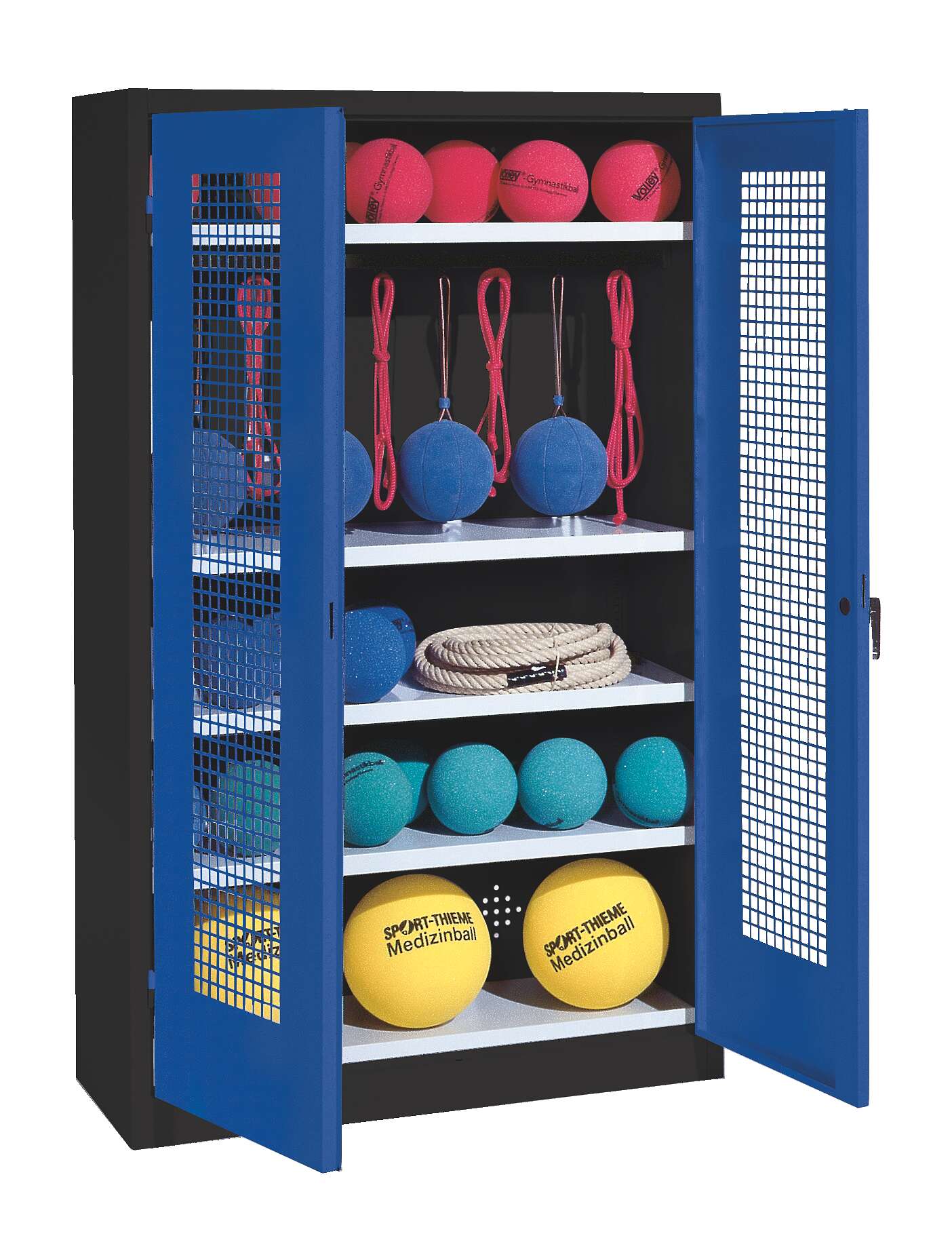 C+P Sportgeräteschrank mit Lochblech-Flügeltüren (Typ 2), HxBxT 195x120x50 cm, Enzianblau (RAL 5010), Ergo-Lock Muldengriff, Anthrazit (RAL 7021), Einzelschließung