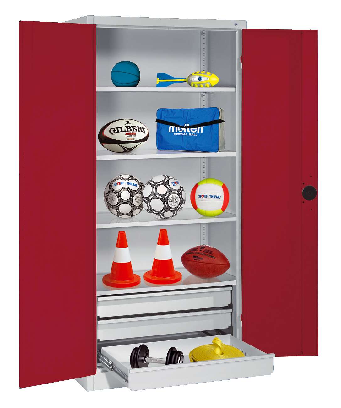 C+P Sportgeräteschrank mit Schubladen und Vollblech-Flügeltüren (Typ 4), HxBxT 195x120x50 cm, Ergo-Lock Muldengriff, Rubinrot (RAL 3003), Lichtgrau (RAL 7035), Einzelschließung