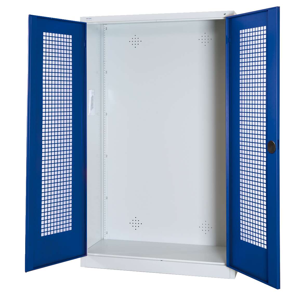 C+P Modul-Sportgeräteschrank mit Lochblech-Flügeltüren, HxBxT 195x120x50 cm, Ergo-Lock Muldengriff, Enzianblau (RAL 5010), Lichtgrau (RAL 7035), Einzelschließung