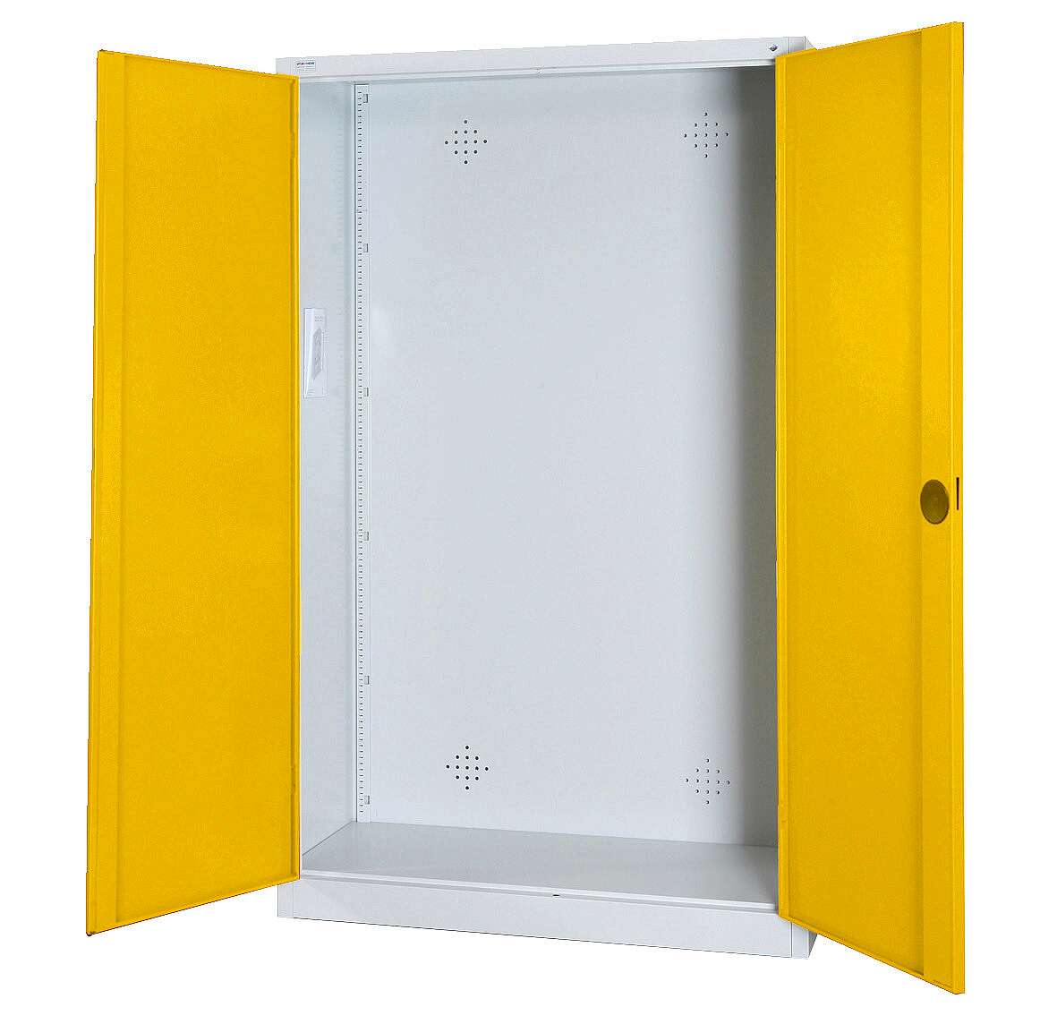 C+P Modul-Sportgeräteschrank mit Lochblech-Flügeltüren, HxBxT 195x120x50 cm, Ergo-Lock Muldengriff, Verkehrsgelb (RAL 1023), Lichtgrau (RAL 7035), Einzelschließung