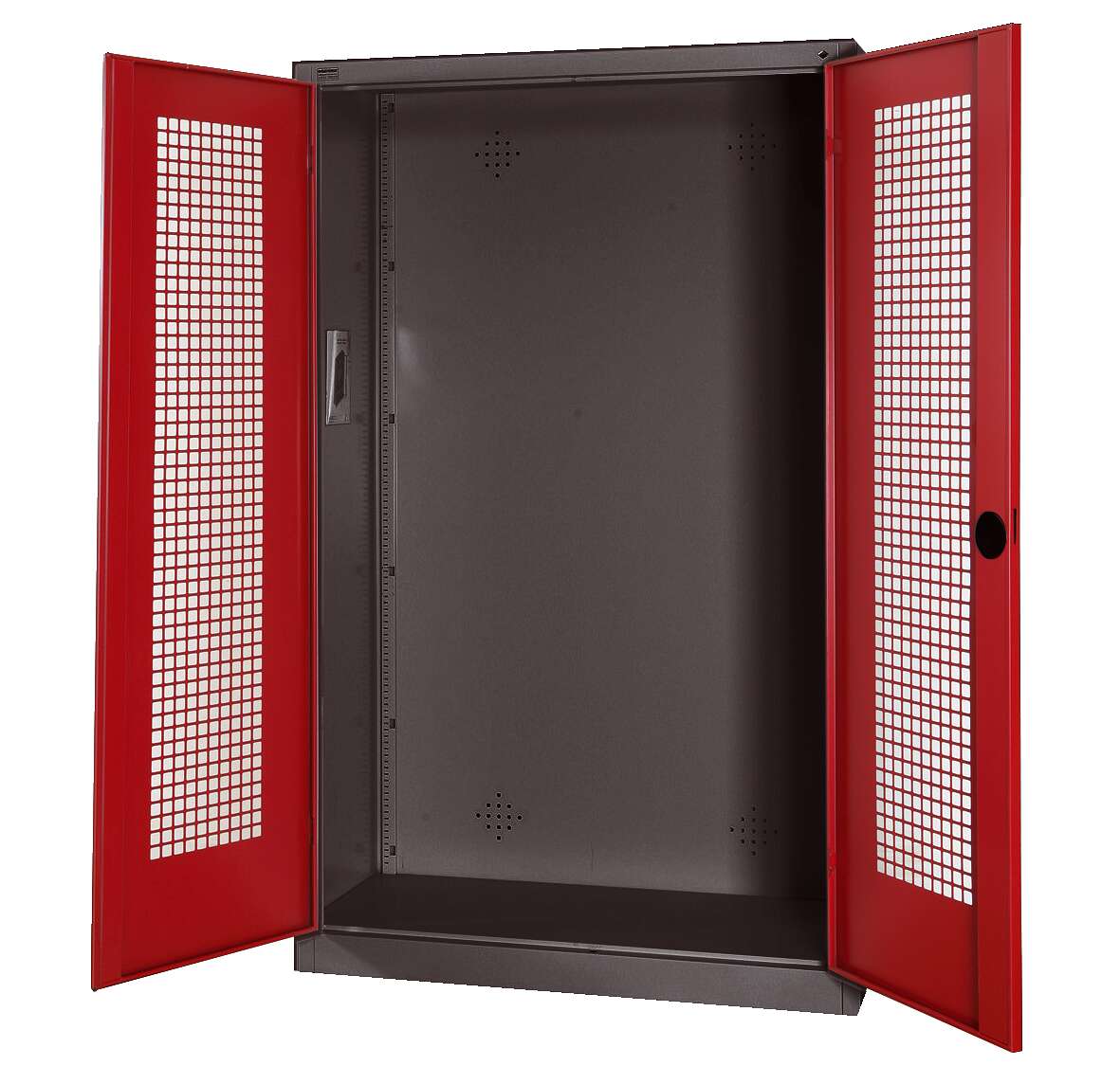 C+P Modul-Sportgeräteschrank mit Lochblech-Flügeltüren, HxBxT 195x120x50 cm, Ergo-Lock Muldengriff, Rubinrot (RAL 3003), Anthrazit (RAL 7021), Einzelschließung