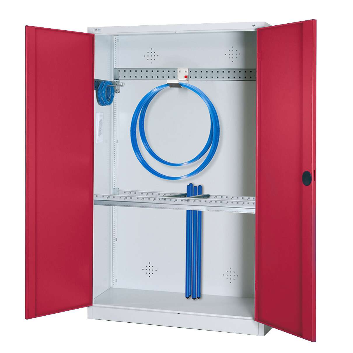 C+P Modul-Sportgeräteschrank „Grundausstattung“ mit Vollblech-Flügeltüren, HxBxT 195x120x50 cm, Ergo-Lock Muldengriff, Rubinrot (RAL 3003), Lichtgrau (RAL 7035), Einzelschließung