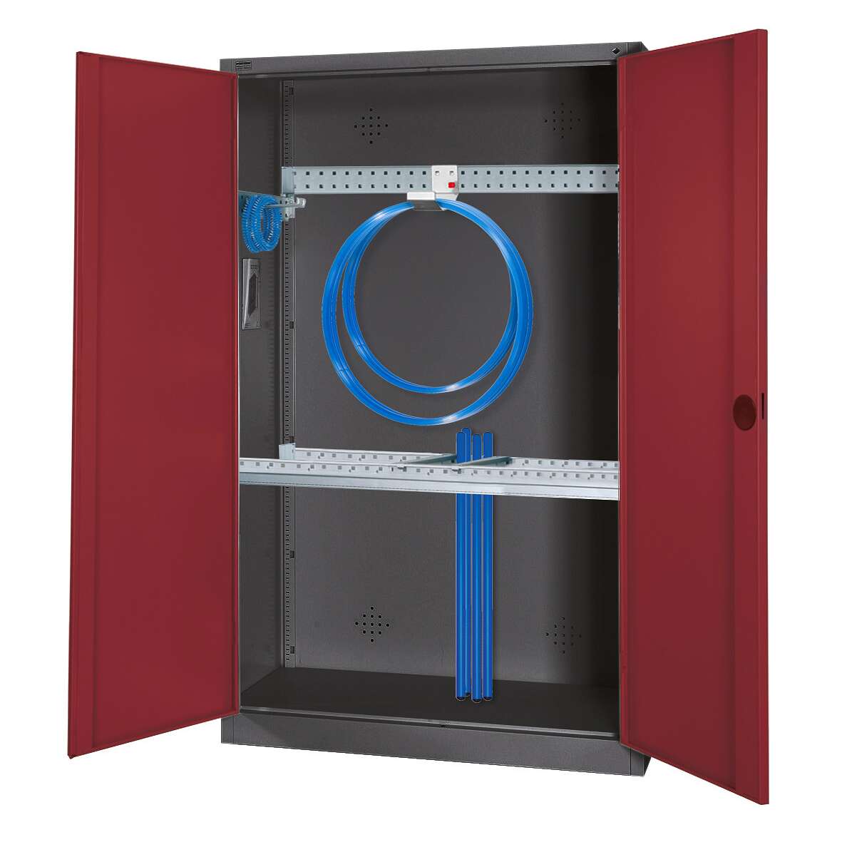 C+P Modul-Sportgeräteschrank „Grundausstattung“ mit Vollblech-Flügeltüren, HxBxT 195x120x50 cm, Ergo-Lock Muldengriff, Rubinrot (RAL 3003), Anthrazit (RAL 7021), Einzelschließung
