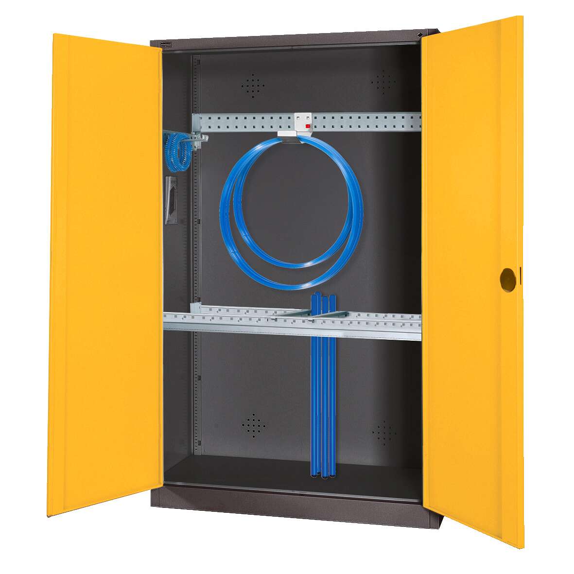C+P Modul-Sportgeräteschrank „Grundausstattung“ mit Vollblech-Flügeltüren, HxBxT 195x120x50 cm, Ergo-Lock Muldengriff, Verkehrsgelb (RAL 1023), Anthrazit (RAL 7021), Einzelschließung
