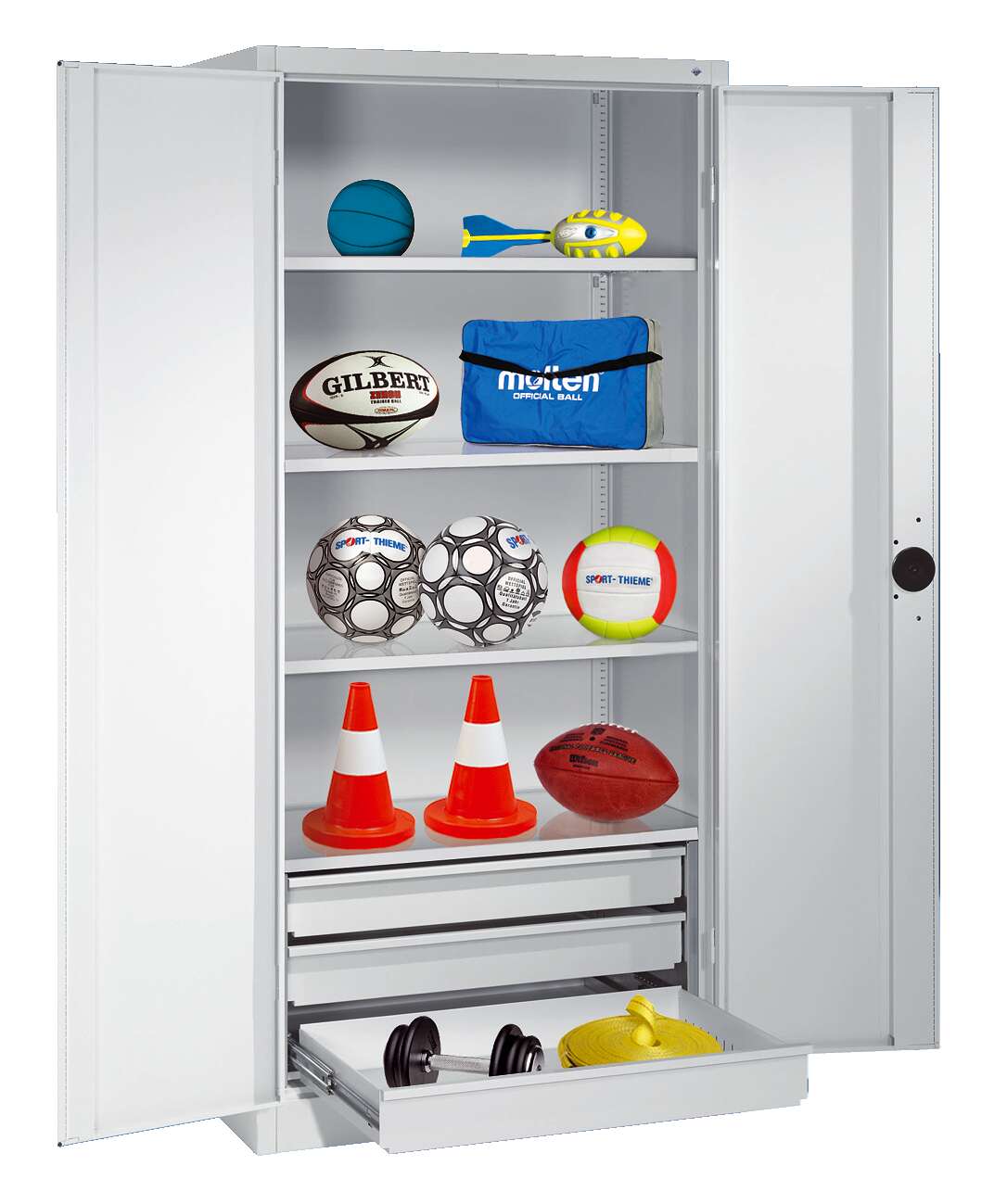 C+P Sportgeräteschrank mit Schubladen und Vollblech-Flügeltüren (Typ 4), HxBxT 195x120x50 cm, Lichtgrau (RAL 7035), Ergo-Lock Muldengriff, Anthrazit (RAL 7021), Einzelschließung