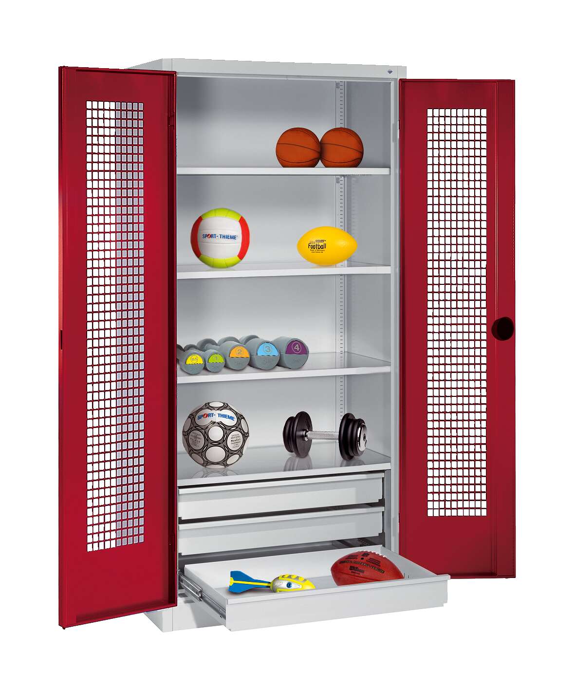 C+P Sportgeräteschrank mit Schubladen und Lochblech-Flügeltüren (Typ 4),  HxBxT 195x120x50 cm, Ergo-Lock Muldengriff, Rubinrot (RAL 3003), Lichtgrau (RAL 7035), Einzelschließung