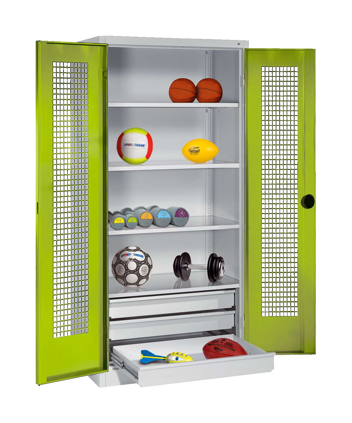 C+P Sportgeräteschrank mit Schubladen und Lochblech-Flügeltüren (Typ 4),  HxBxT 195x120x50 cm, Ergo-Lock Muldengriff, Clowngrün (RAL 110 80 60), Lichtgrau (RAL 7035), Einzelschließung