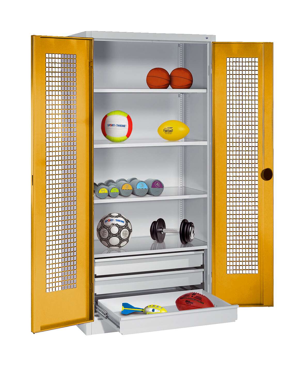 C+P Sportgeräteschrank mit Schubladen und Lochblech-Flügeltüren (Typ 4),  HxBxT 195x120x50 cm, Ergo-Lock Muldengriff, Goldgelb (RAL 1004), Lichtgrau (RAL 7035), Einzelschließung