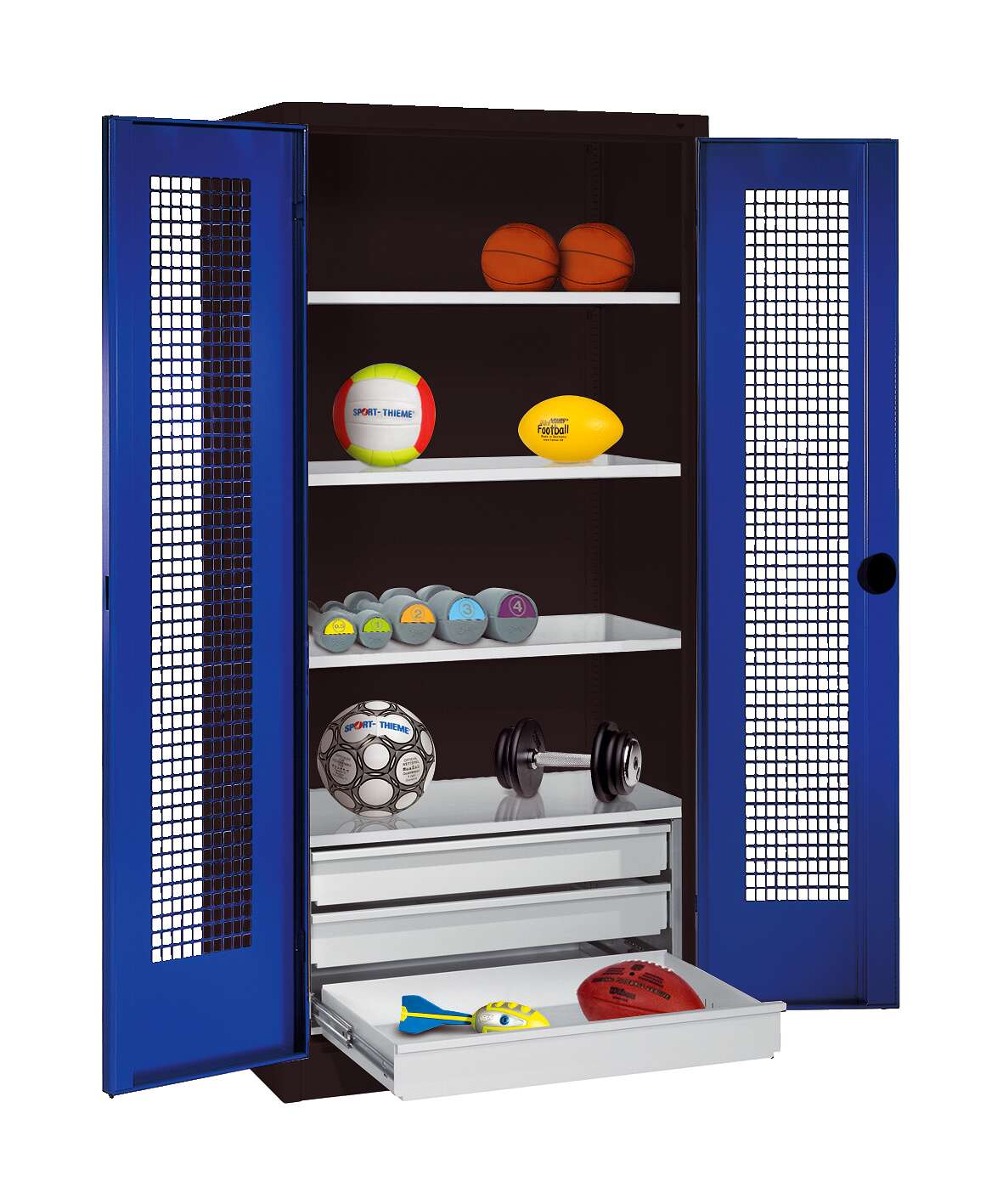 C+P Sportgeräteschrank mit Schubladen und Lochblech-Flügeltüren (Typ 4),  HxBxT 195x120x50 cm, Enzianblau (RAL 5010), Ergo-Lock Muldengriff, Anthrazit (RAL 7021), Einzelschließung