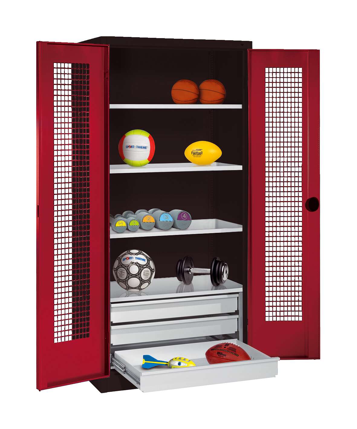 C+P Sportgeräteschrank mit Schubladen und Lochblech-Flügeltüren (Typ 4),  HxBxT 195x120x50 cm, Ergo-Lock Muldengriff, Rubinrot (RAL 3003), Anthrazit (RAL 7021), Einzelschließung