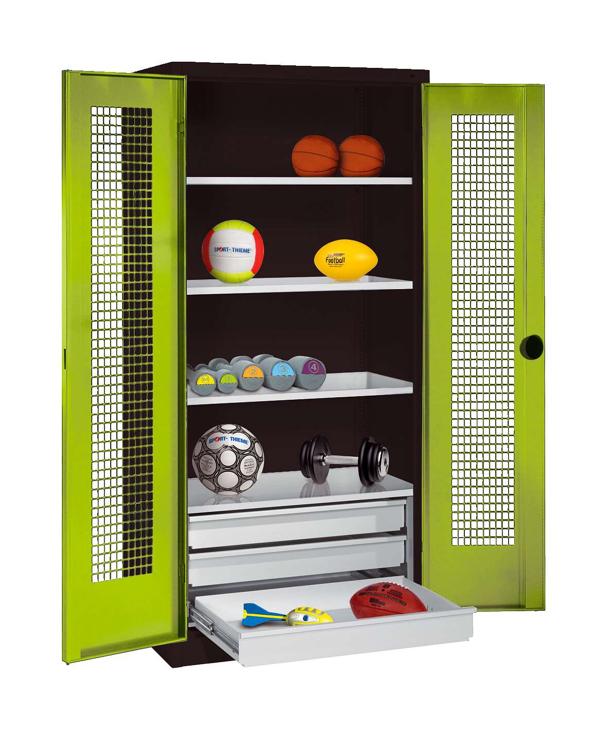 C+P Sportgeräteschrank mit Schubladen und Lochblech-Flügeltüren (Typ 4),  HxBxT 195x120x50 cm, Ergo-Lock Muldengriff, Clowngrün (RAL 110 80 60), Anthrazit (RAL 7021), Einzelschließung
