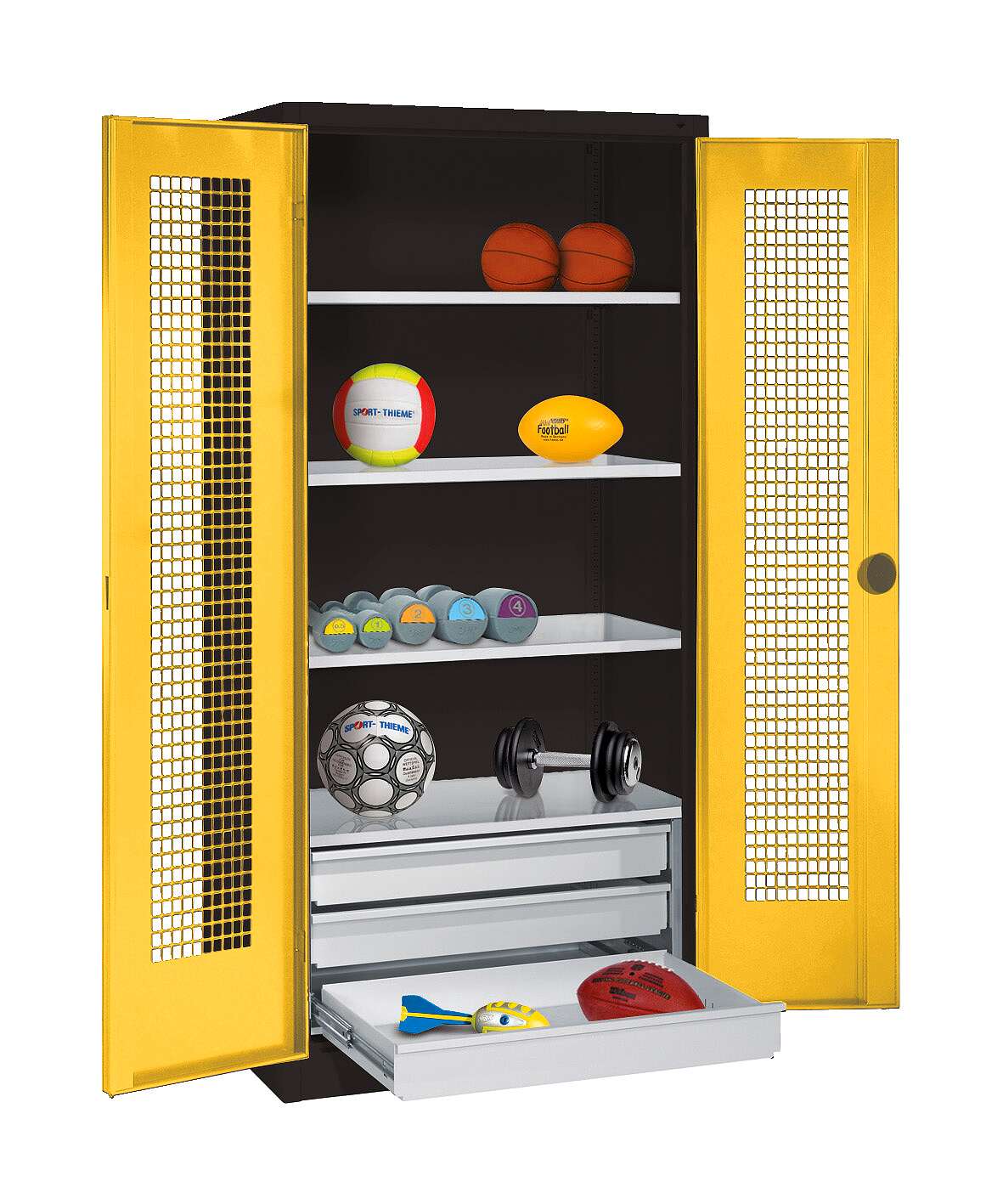 C+P Sportgeräteschrank mit Schubladen und Lochblech-Flügeltüren (Typ 4),  HxBxT 195x120x50 cm, Ergo-Lock Muldengriff, Verkehrsgelb (RAL 1023), Anthrazit (RAL 7021), Einzelschließung