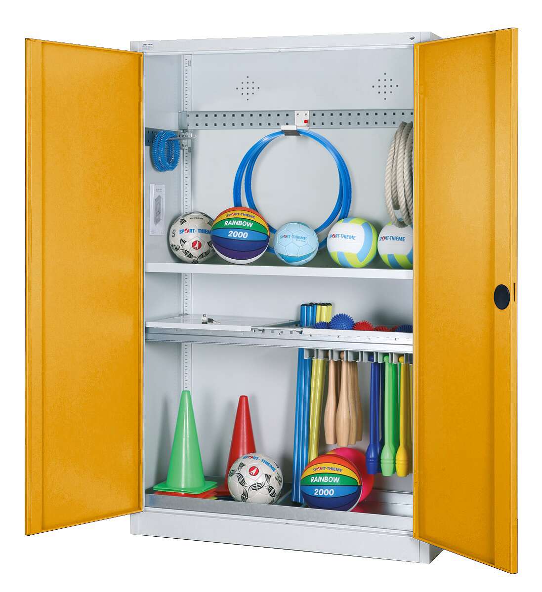 C+P Modul-Sportgeräteschrank „Komplettausstattung“ mit Vollblech-Flügeltüren, HxBxT 195x120x50 cm, Ergo-Lock Muldengriff, Goldgelb (RAL 1004), Lichtgrau (RAL 7035), Einzelschließung