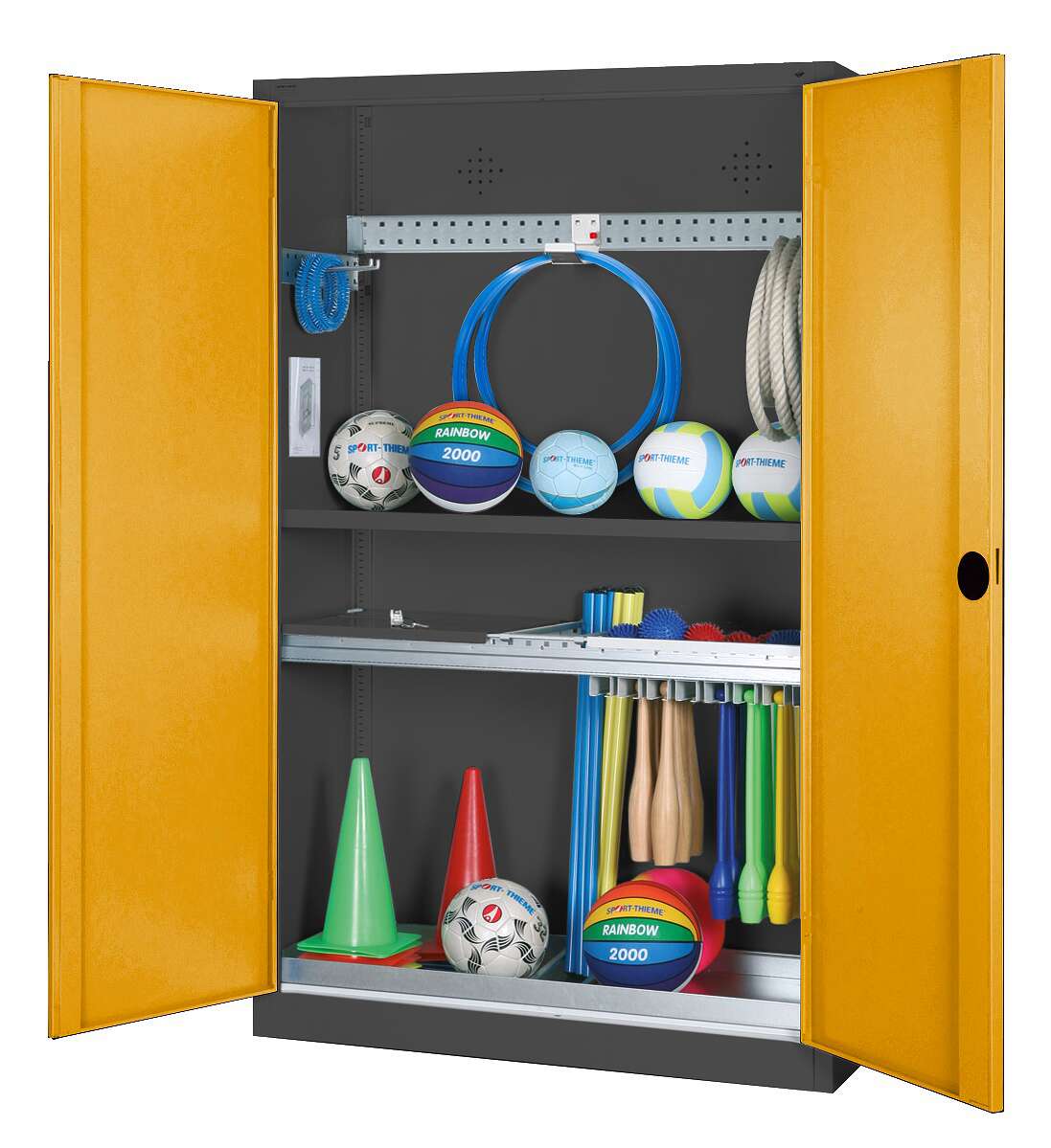 C+P Modul-Sportgeräteschrank „Komplettausstattung“ mit Vollblech-Flügeltüren, HxBxT 195x120x50 cm, Ergo-Lock Muldengriff, Goldgelb (RAL 1004), Anthrazit (RAL 7021), Einzelschließung