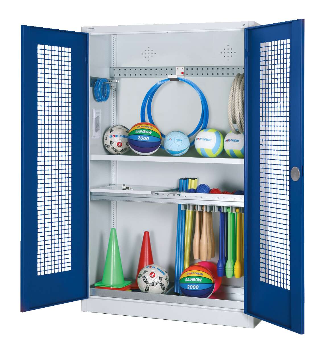 C+P Modul-Sportgeräteschrank „Komplettausstattung“ mit Lochblech-Flügeltüren, HxBxT 195x120x50 cm, Ergo-Lock Muldengriff, Enzianblau (RAL 5010), Lichtgrau (RAL 7035), Einzelschließung
