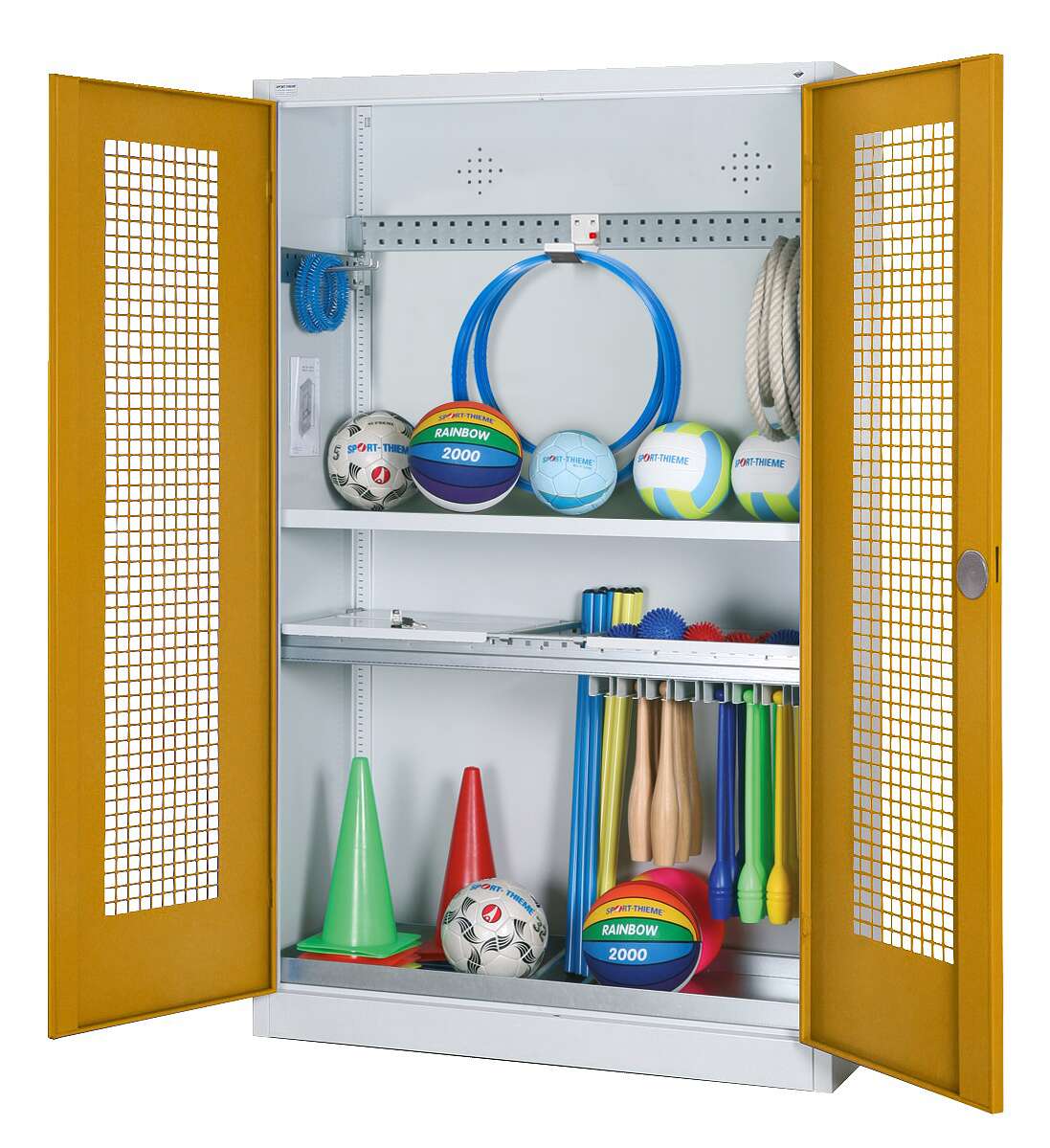 C+P Modul-Sportgeräteschrank „Komplettausstattung“ mit Lochblech-Flügeltüren, HxBxT 195x120x50 cm, Ergo-Lock Muldengriff, Goldgelb (RAL 1004), Lichtgrau (RAL 7035), Einzelschließung