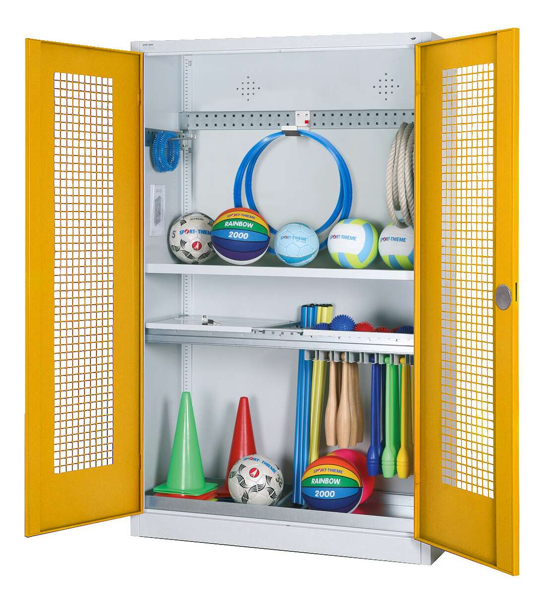 C+P Modul-Sportgeräteschrank „Komplettausstattung“ mit Lochblech-Flügeltüren, HxBxT 195x120x50 cm, Ergo-Lock Muldengriff, Verkehrsgelb (RAL 1023), Lichtgrau (RAL 7035), Einzelschließung