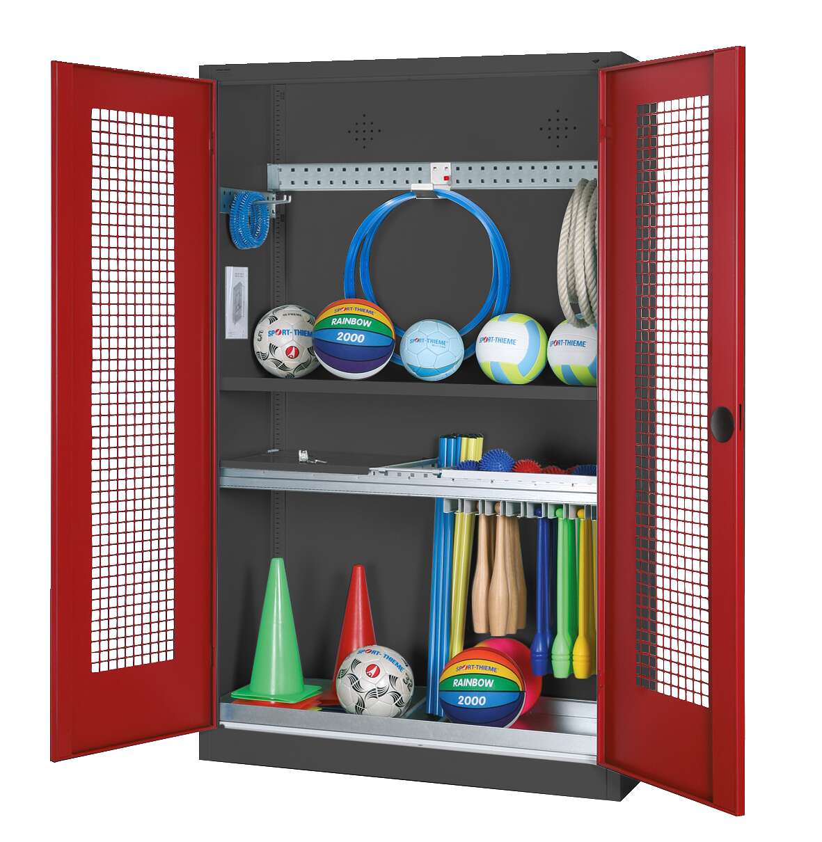 C+P Modul-Sportgeräteschrank „Komplettausstattung“ mit Lochblech-Flügeltüren, HxBxT 195x120x50 cm, Ergo-Lock Muldengriff, Rubinrot (RAL 3003), Anthrazit (RAL 7021), Einzelschließung