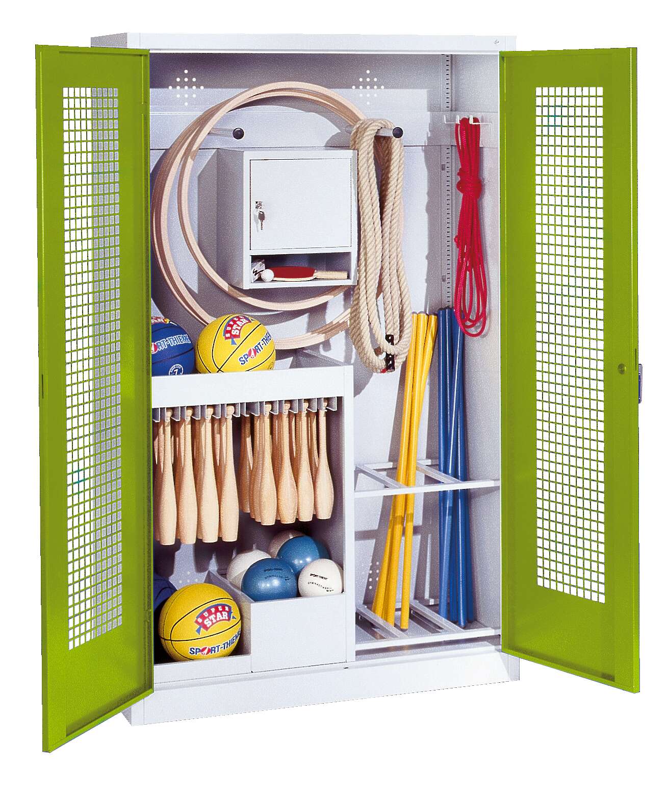 C+P Sportgeräteschrank mit Lochblech-Flügeltüren (Typ 1), HxBxT 195x120x50 cm, Clowngrün (RAL 110 80 60), Gleichschließung