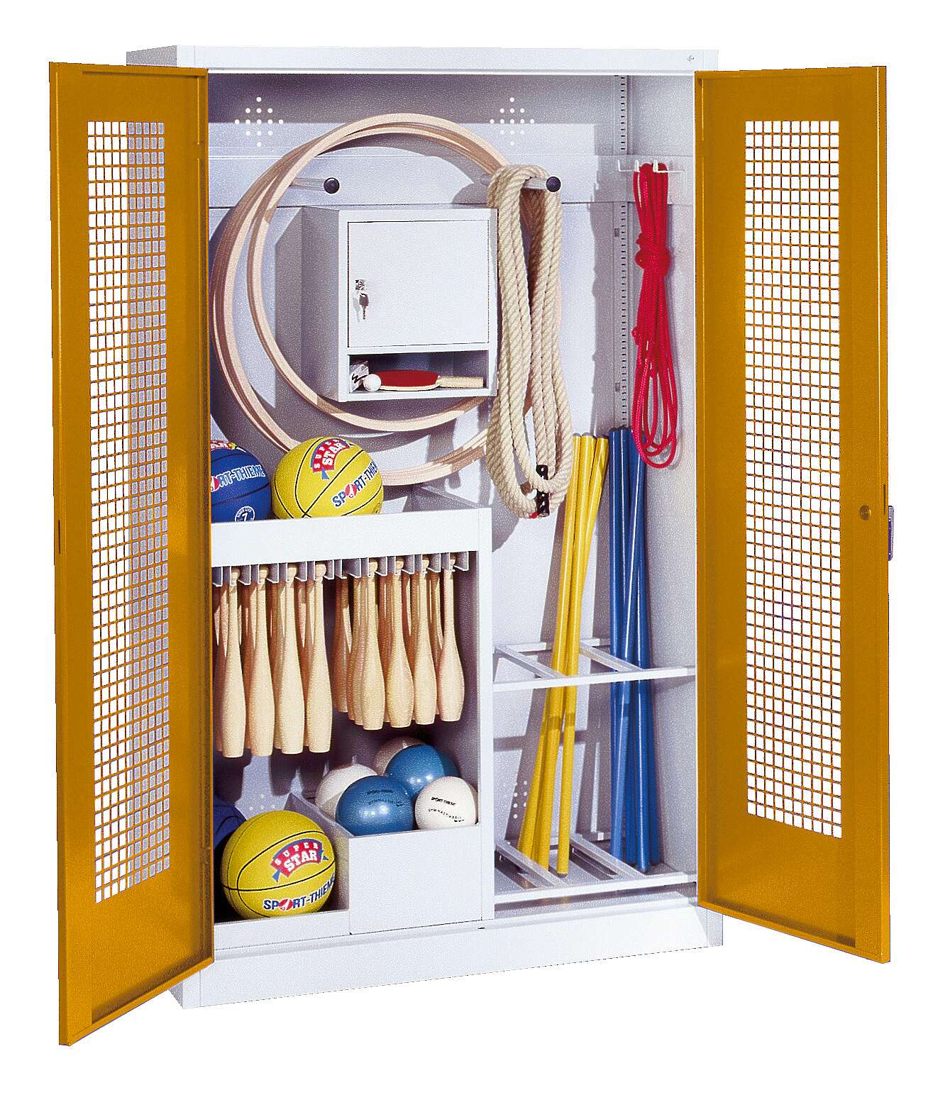 C+P Sportgeräteschrank mit Lochblech-Flügeltüren (Typ 1), HxBxT 195x120x50 cm, Goldgelb (RAL 1004), Gleichschließung