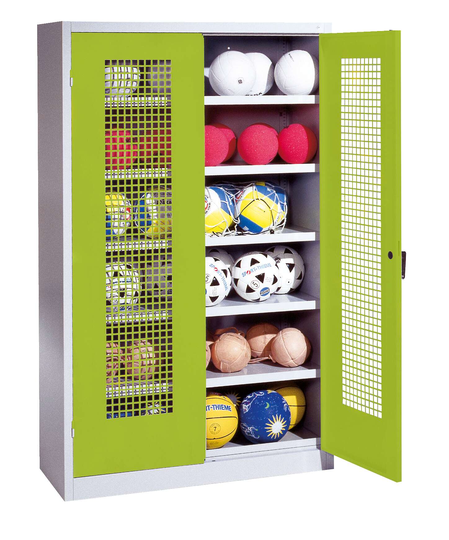 C+P Ballschrank mit Lochblech-Flügeltüren (Typ 3), HxBxT 195x120x50 cm, Clowngrün (RAL 110 80 60), Gleichschließung