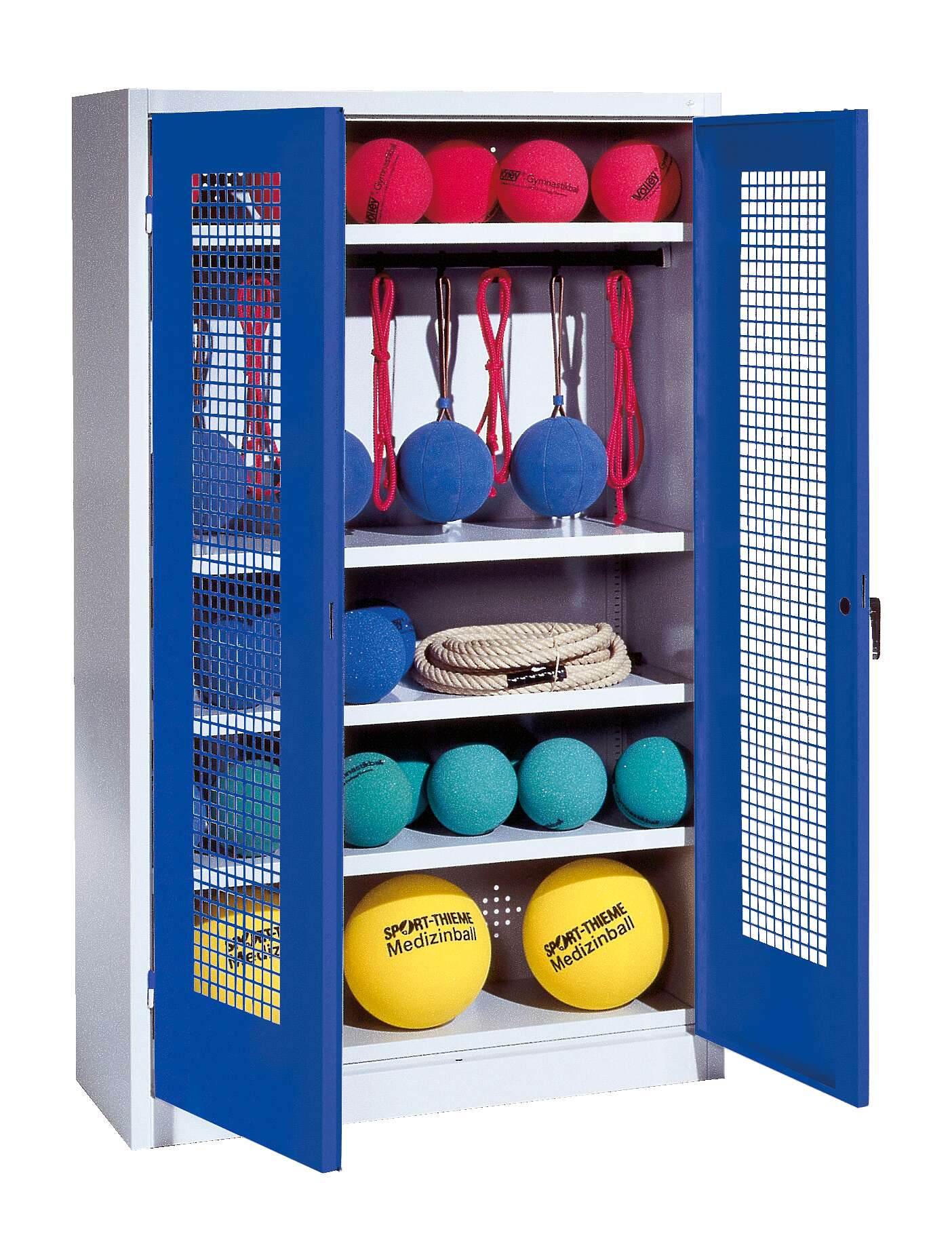 C+P Sportgeräteschrank mit Lochblech-Flügeltüren (Typ 2), HxBxT 195x120x50 cm, Enzianblau (RAL 5010), Gleichschließung