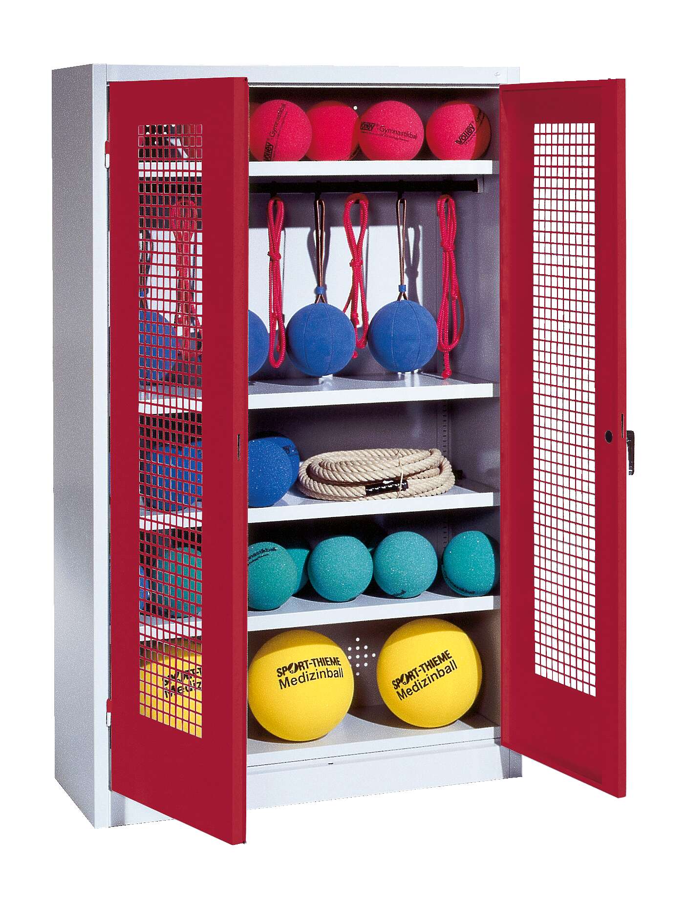 C+P Sportgeräteschrank mit Lochblech-Flügeltüren (Typ 2), HxBxT 195x120x50 cm, Rubinrot (RAL 3003), Gleichschließung