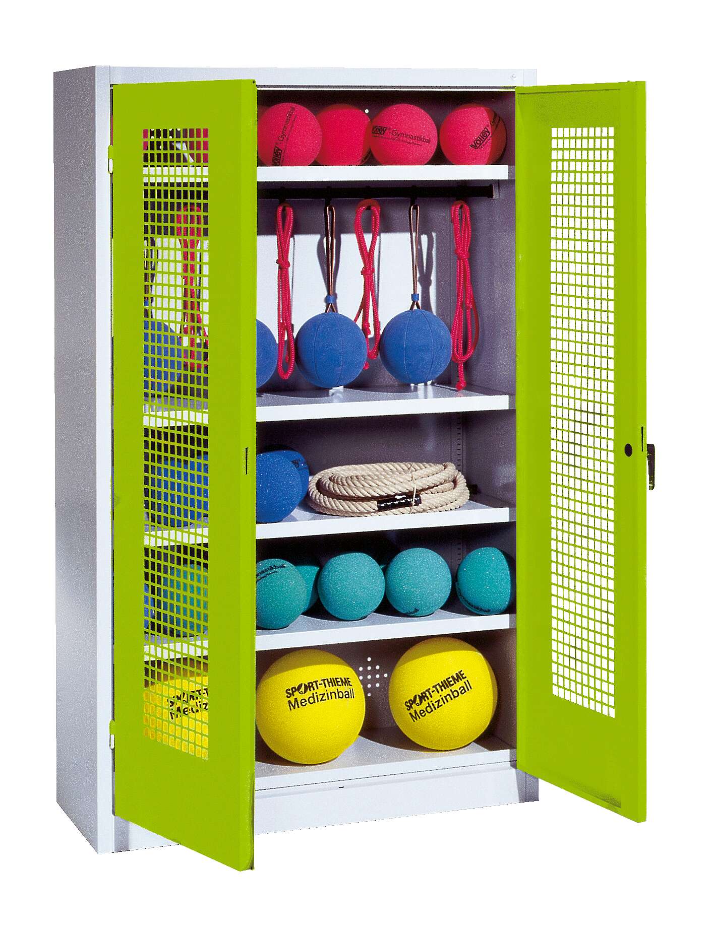 C+P Sportgeräteschrank mit Lochblech-Flügeltüren (Typ 2), HxBxT 195x120x50 cm, Clowngrün (RAL 110 80 60), Gleichschließung