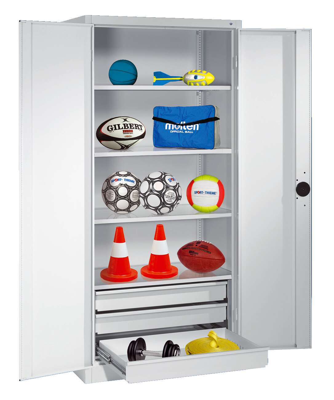 C+P Sportgeräteschrank mit Schubladen und Vollblech-Flügeltüren (Typ 4), HxBxT 195x120x50 cm, Klinkengriff, Gleichschließung