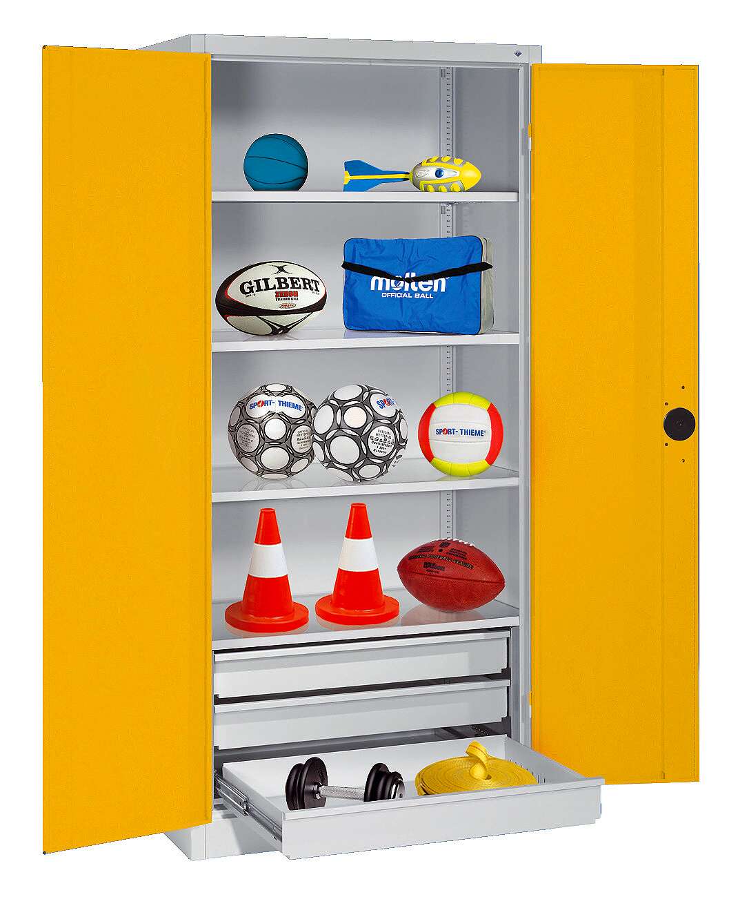 C+P Sportgeräteschrank mit Schubladen und Vollblech-Flügeltüren (Typ 4), HxBxT 195x120x50 cm, Verkehrsgelb (RAL 1023), Gleichschließung