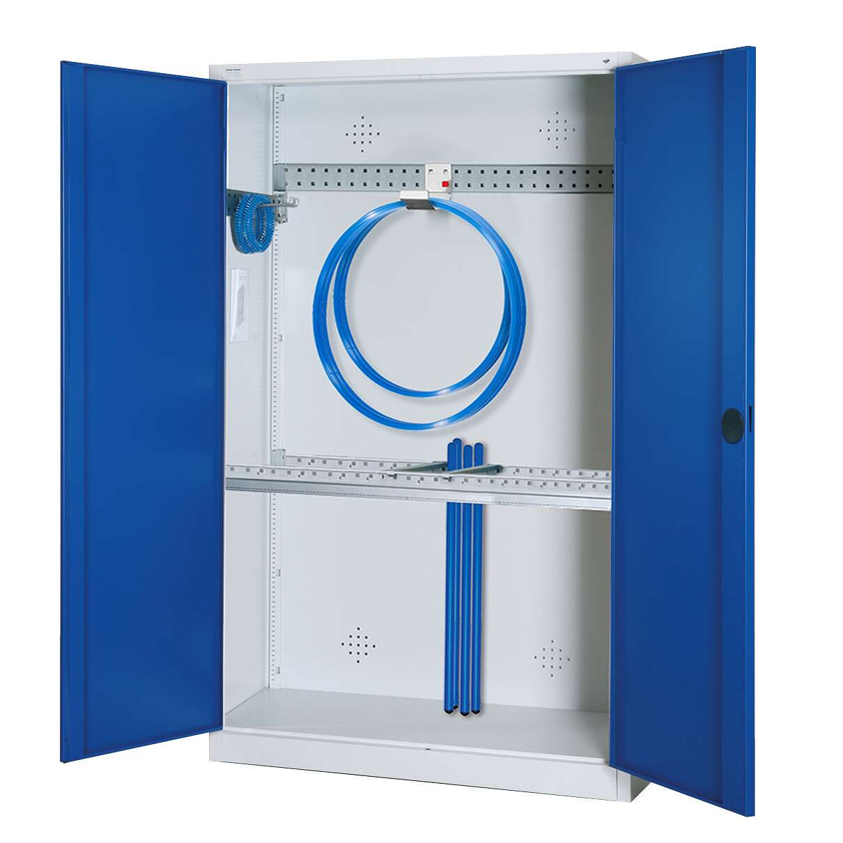 C+P Modul-Sportgeräteschrank „Grundausstattung“ mit Vollblech-Flügeltüren, HxBxT 195x120x50 cm, Enzianblau (RAL 5010), Gleichschließung