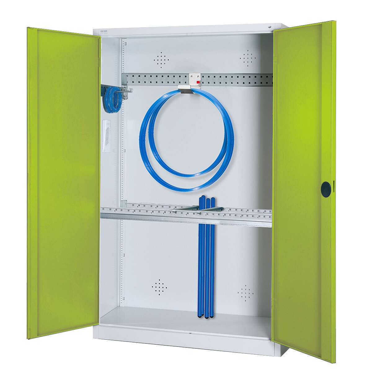 C+P Modul-Sportgeräteschrank „Grundausstattung“ mit Vollblech-Flügeltüren, HxBxT 195x120x50 cm, Clowngrün (RAL 110 80 60), Gleichschließung
