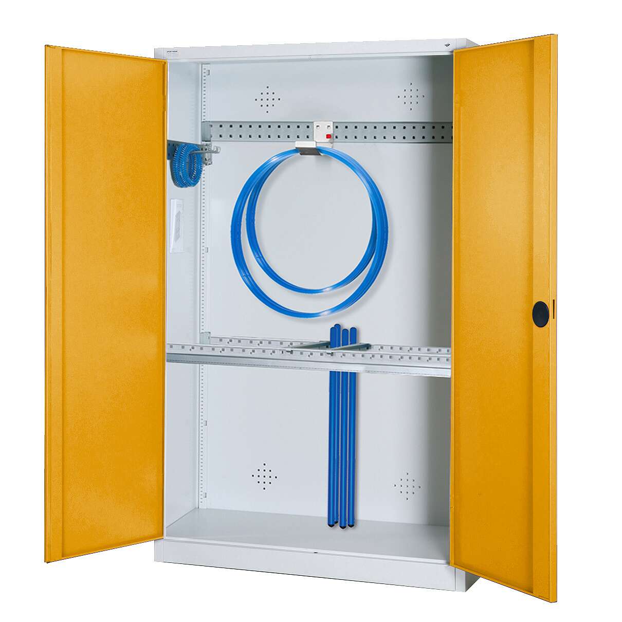 C+P Modul-Sportgeräteschrank „Grundausstattung“ mit Vollblech-Flügeltüren, HxBxT 195x120x50 cm, Goldgelb (RAL 1004), Gleichschließung