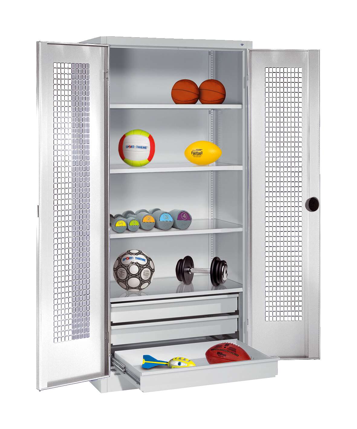 C+P Sportgeräteschrank mit Schubladen und Lochblech-Flügeltüren (Typ 4),  HxBxT 195x120x50 cm, Klinkengriff, Gleichschließung