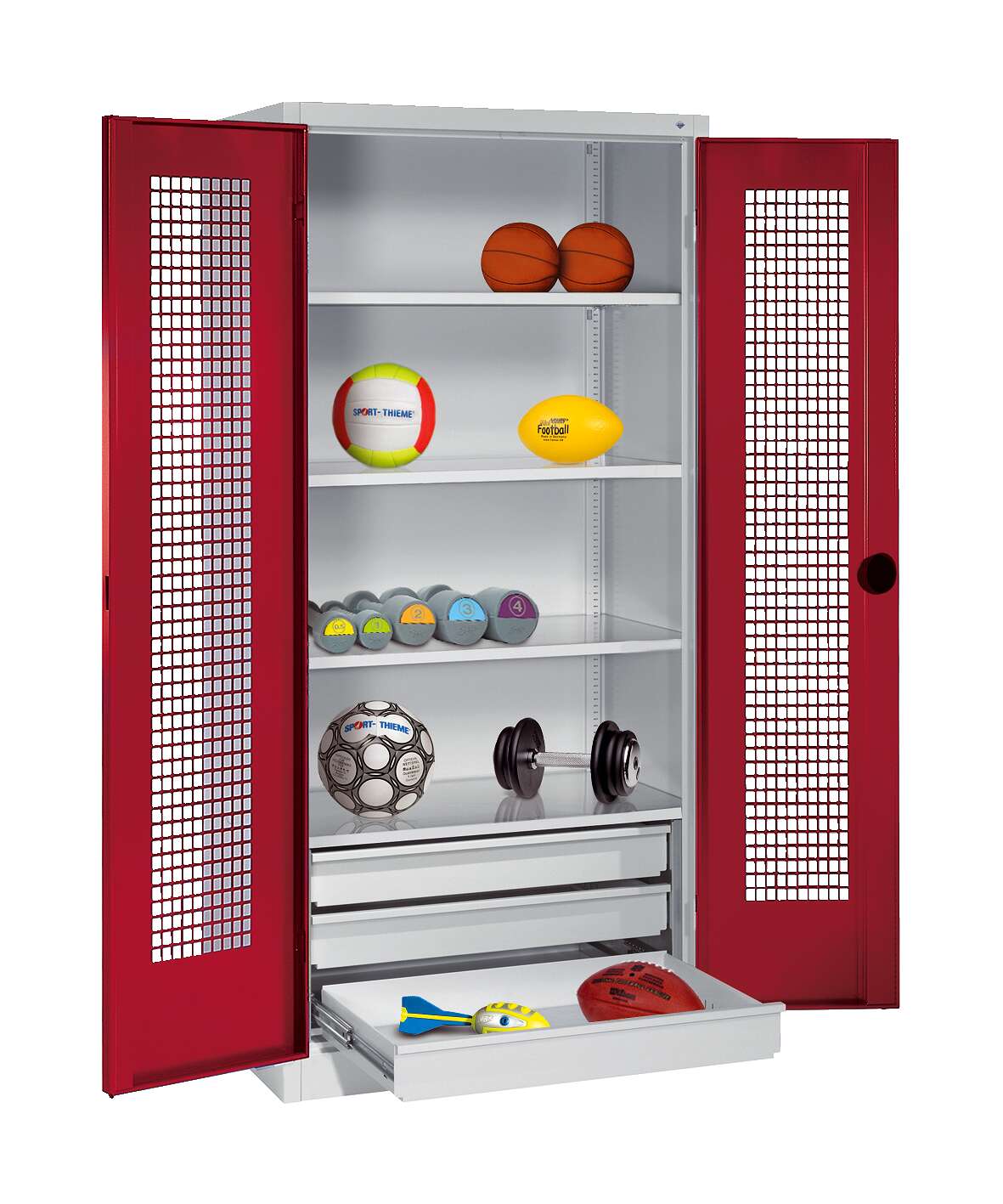 C+P Sportgeräteschrank mit Schubladen und Lochblech-Flügeltüren (Typ 4),  HxBxT 195x120x50 cm, Rubinrot (RAL 3003), Gleichschließung