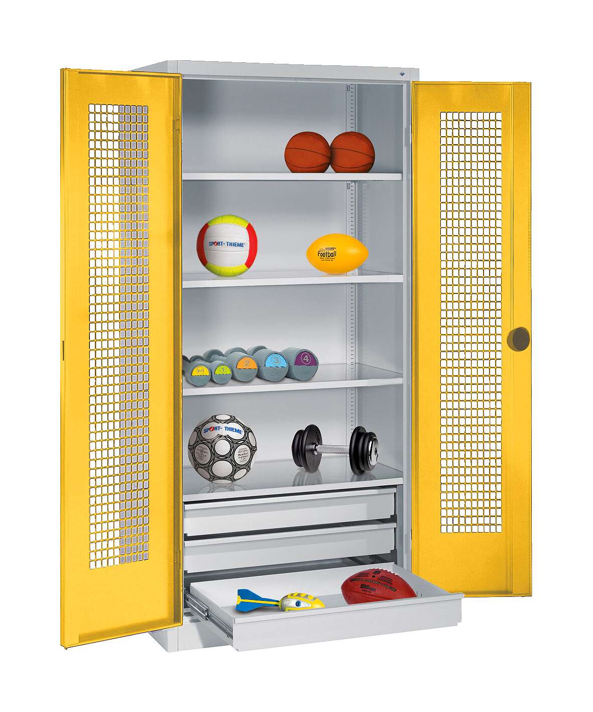 C+P Sportgeräteschrank mit Schubladen und Lochblech-Flügeltüren (Typ 4),  HxBxT 195x120x50 cm, Verkehrsgelb (RAL 1023), Gleichschließung