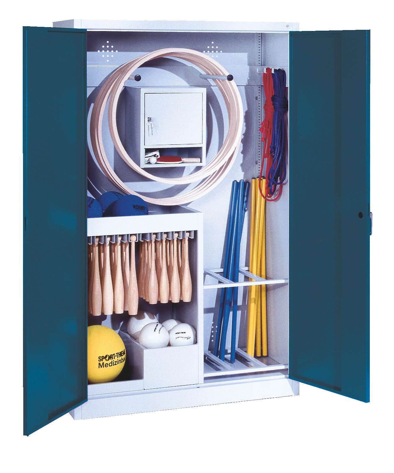 C+P Sportgeräteschrank mit Vollblech-Flügeltüren (Typ 1), HxBxT 195x120x50 cm, Ergo-Lock Muldengriff, Enzianblau (RAL 5010), Lichtgrau (RAL 7035), Gleichschließung