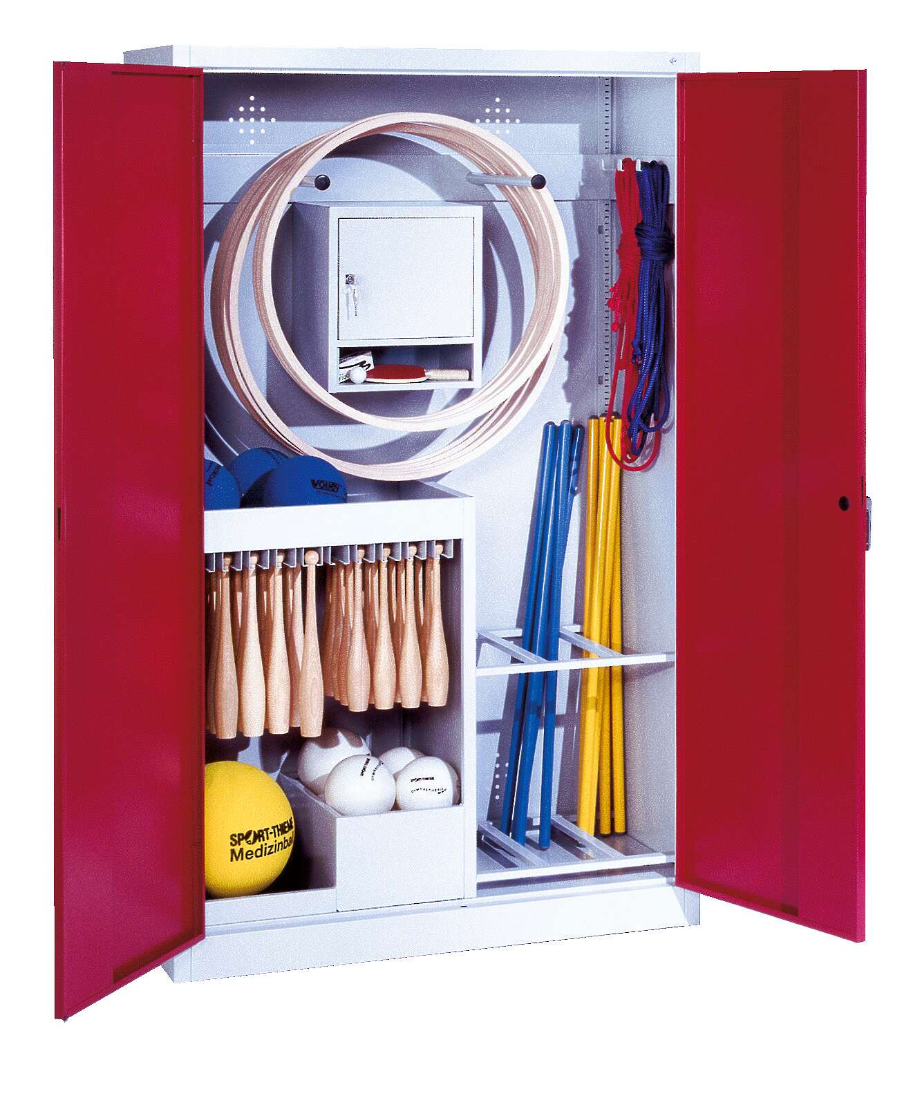 C+P Sportgeräteschrank mit Vollblech-Flügeltüren (Typ 1), HxBxT 195x120x50 cm, Ergo-Lock Muldengriff, Rubinrot (RAL 3003), Lichtgrau (RAL 7035), Gleichschließung
