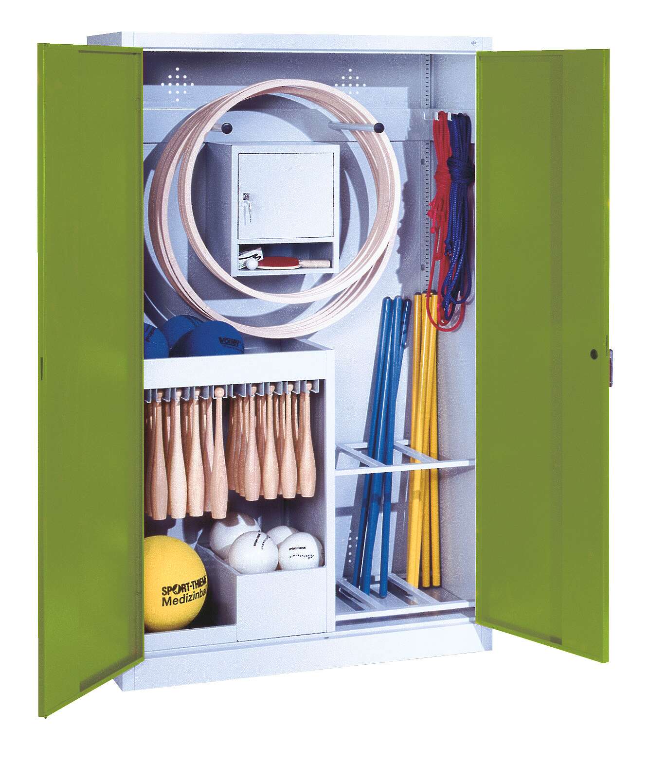 C+P Sportgeräteschrank mit Vollblech-Flügeltüren (Typ 1), HxBxT 195x120x50 cm, Ergo-Lock Muldengriff, Clowngrün (RAL 110 80 60), Lichtgrau (RAL 7035), Gleichschließung