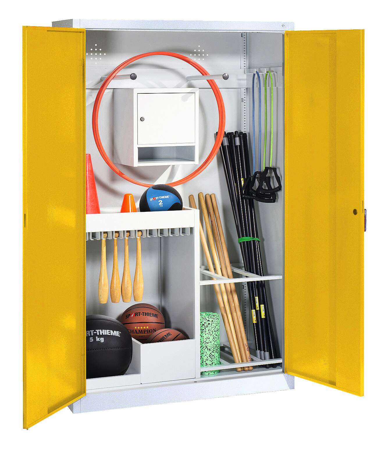 C+P Sportgeräteschrank mit Vollblech-Flügeltüren (Typ 1), HxBxT 195x120x50 cm, Ergo-Lock Muldengriff, Verkehrsgelb (RAL 1023), Lichtgrau (RAL 7035), Gleichschließung