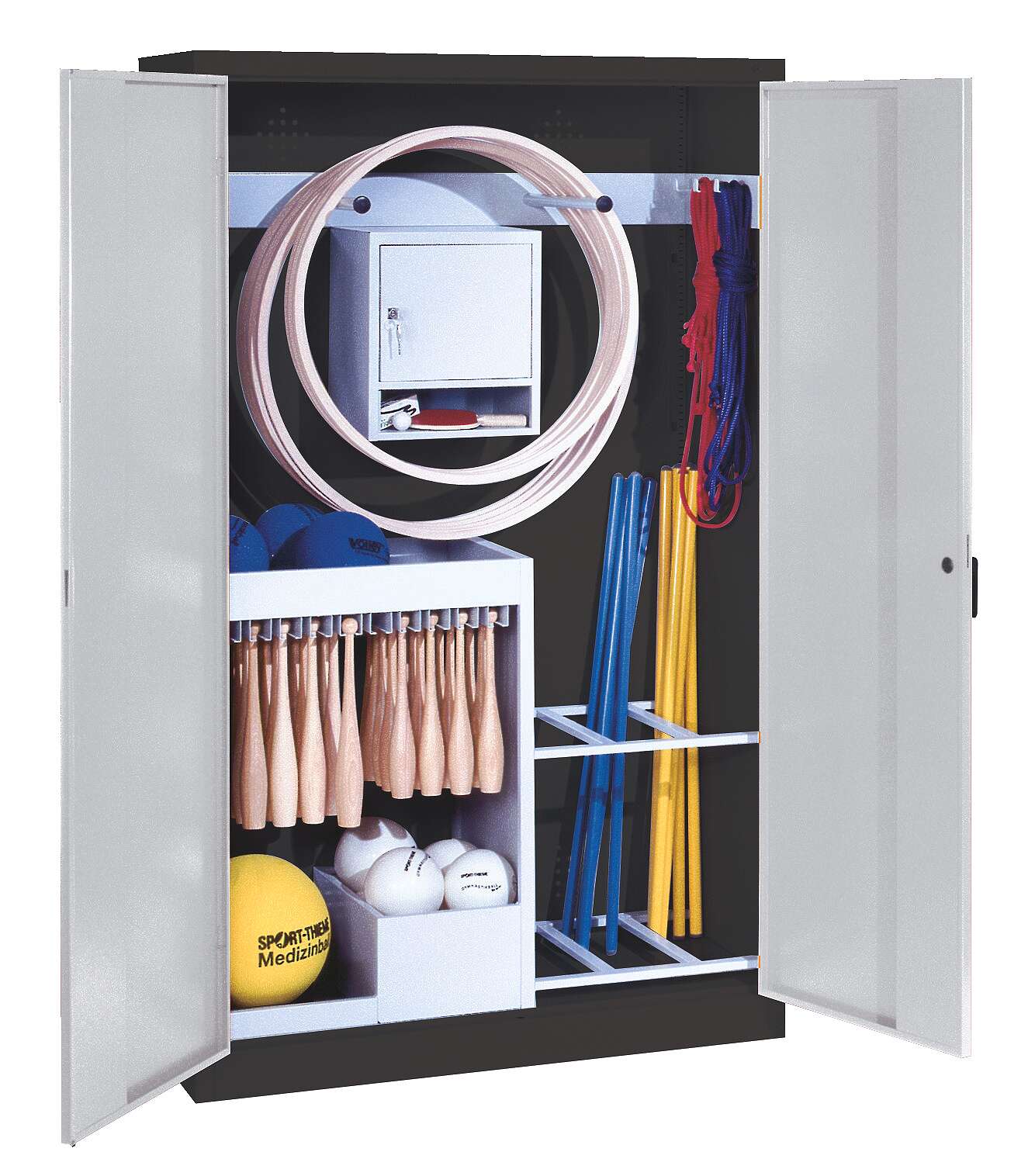 C+P Sportgeräteschrank mit Vollblech-Flügeltüren (Typ 1), HxBxT 195x120x50 cm, Lichtgrau (RAL 7035), Ergo-Lock Muldengriff, Anthrazit (RAL 7021), Gleichschließung