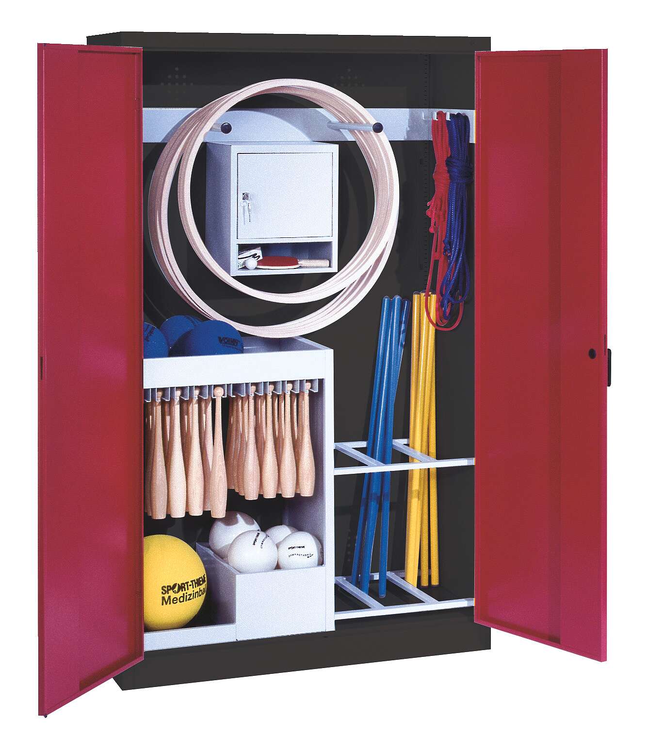 C+P Sportgeräteschrank mit Vollblech-Flügeltüren (Typ 1), HxBxT 195x120x50 cm, Ergo-Lock Muldengriff, Rubinrot (RAL 3003), Anthrazit (RAL 7021), Gleichschließung