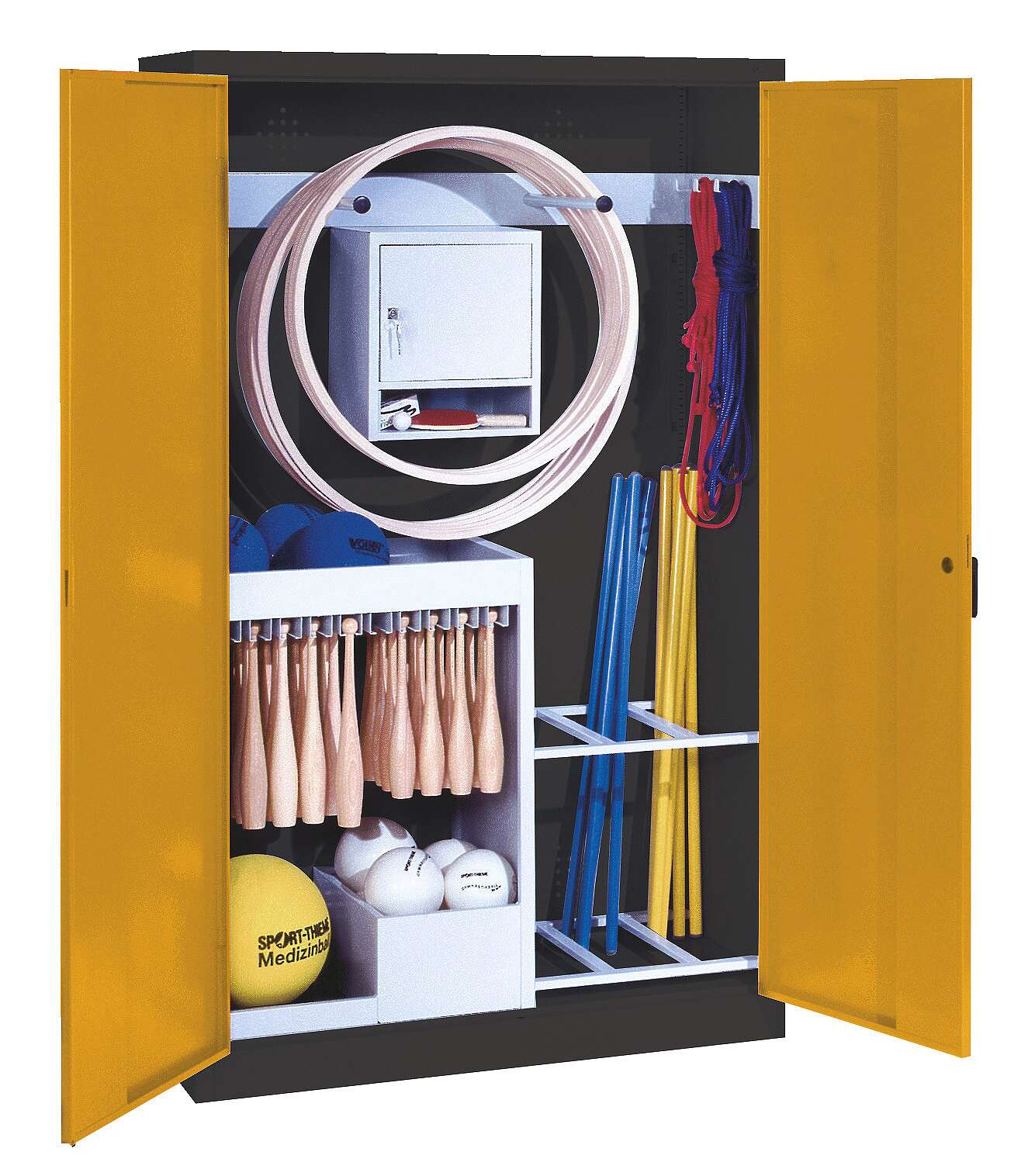 C+P Sportgeräteschrank mit Vollblech-Flügeltüren (Typ 1), HxBxT 195x120x50 cm, Ergo-Lock Muldengriff, Goldgelb (RAL 1004), Anthrazit (RAL 7021), Gleichschließung