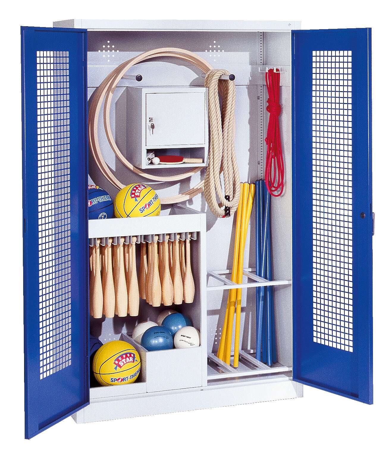 C+P Sportgeräteschrank mit Lochblech-Flügeltüren (Typ 1), HxBxT 195x120x50 cm, Ergo-Lock Muldengriff, Enzianblau (RAL 5010), Lichtgrau (RAL 7035), Gleichschließung