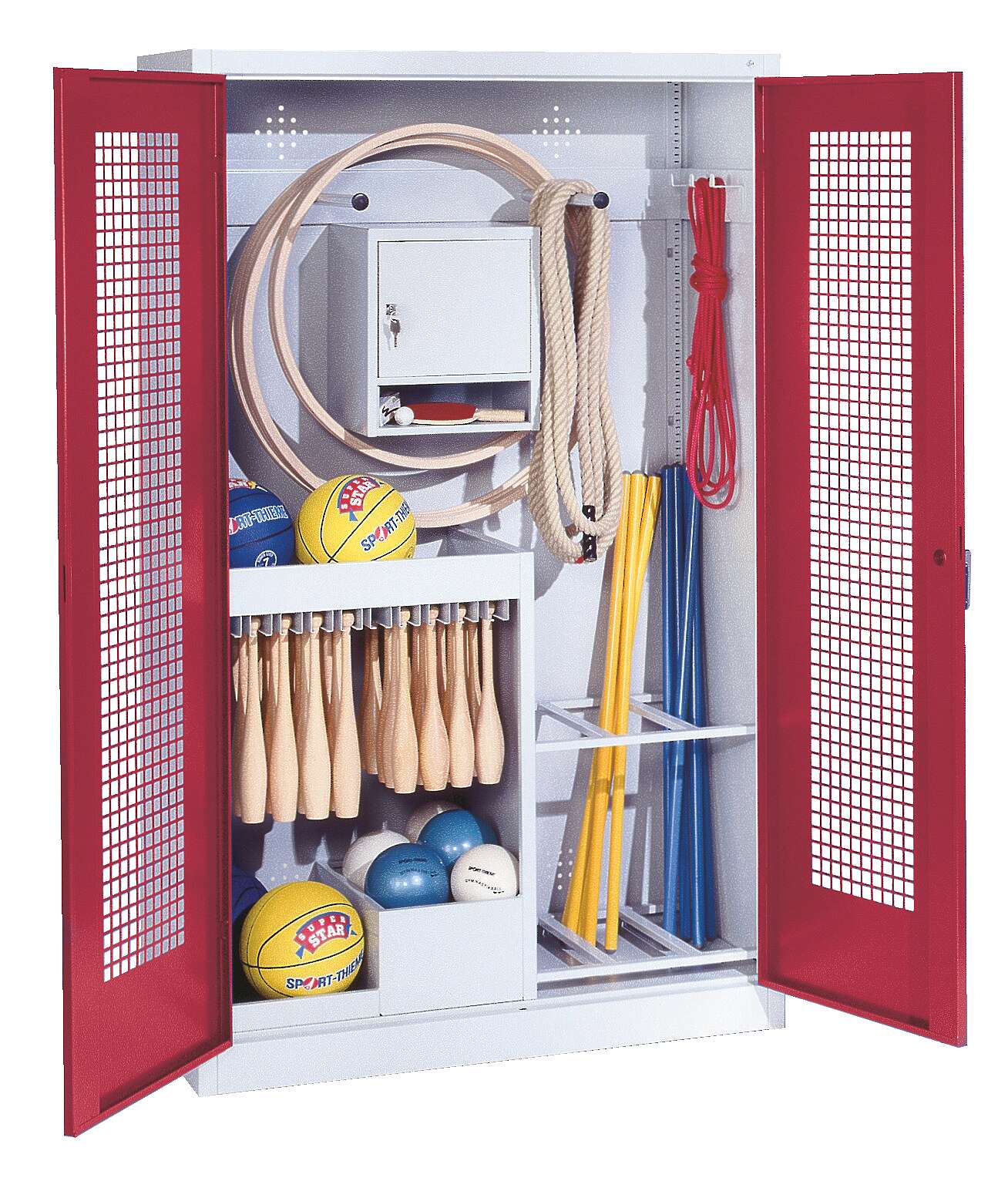 C+P Sportgeräteschrank mit Lochblech-Flügeltüren (Typ 1), HxBxT 195x120x50 cm, Ergo-Lock Muldengriff, Rubinrot (RAL 3003), Lichtgrau (RAL 7035), Gleichschließung