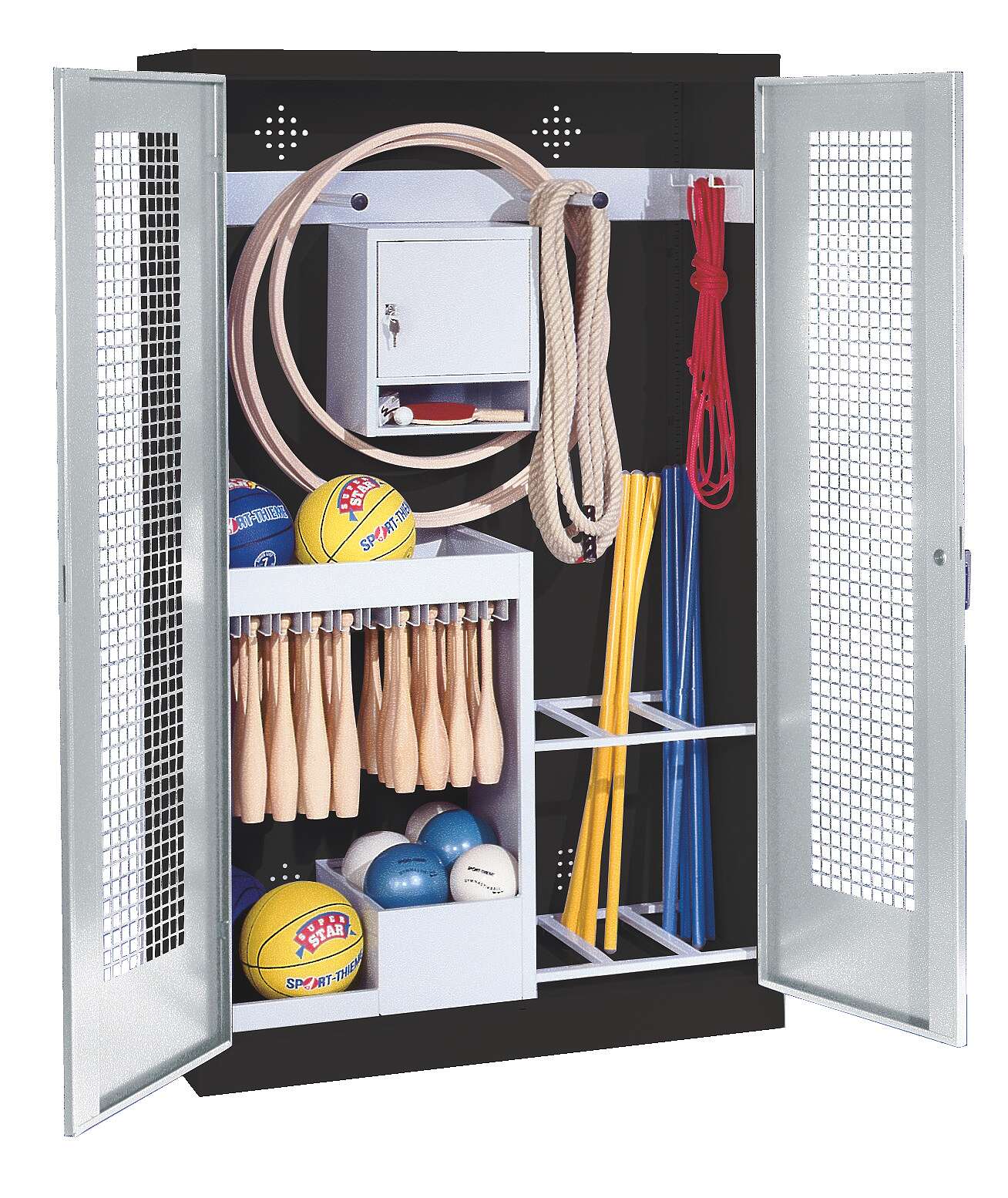 C+P Sportgeräteschrank mit Lochblech-Flügeltüren (Typ 1), HxBxT 195x120x50 cm, Lichtgrau (RAL 7035), Ergo-Lock Muldengriff, Anthrazit (RAL 7021), Gleichschließung