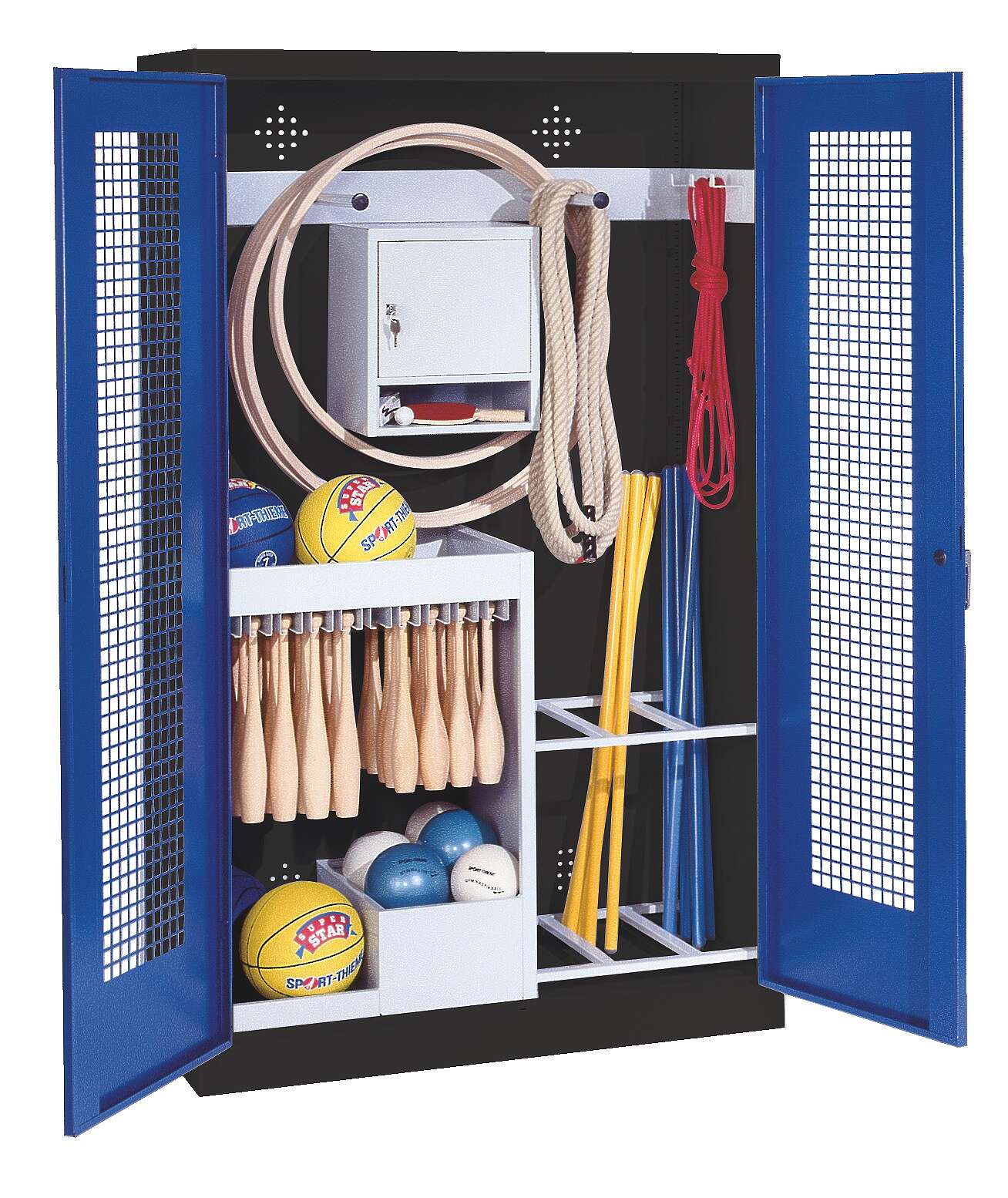 C+P Sportgeräteschrank mit Lochblech-Flügeltüren (Typ 1), HxBxT 195x120x50 cm, Enzianblau (RAL 5010), Ergo-Lock Muldengriff, Anthrazit (RAL 7021), Gleichschließung