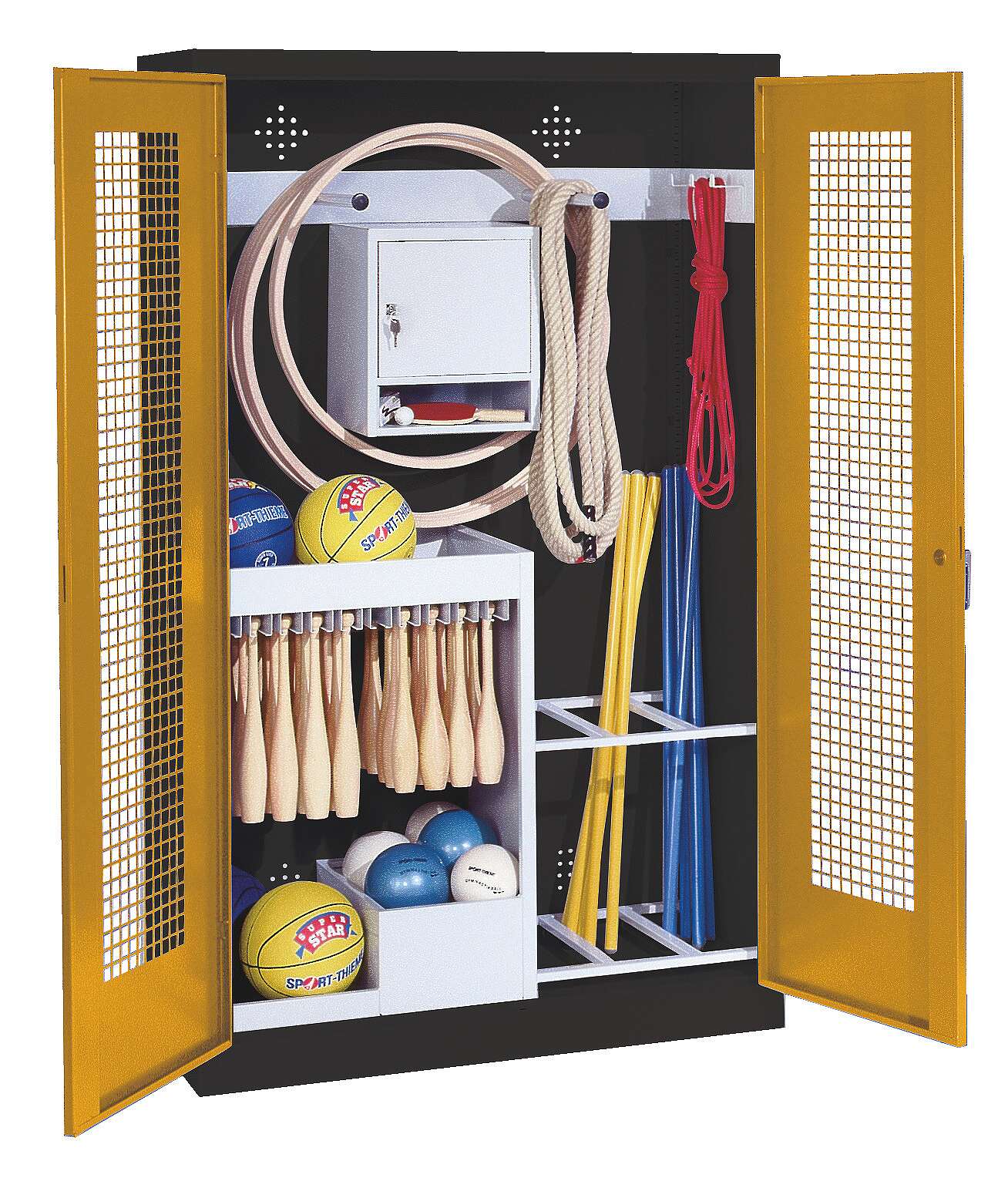 C+P Sportgeräteschrank mit Lochblech-Flügeltüren (Typ 1), HxBxT 195x120x50 cm, Ergo-Lock Muldengriff, Goldgelb (RAL 1004), Anthrazit (RAL 7021), Gleichschließung