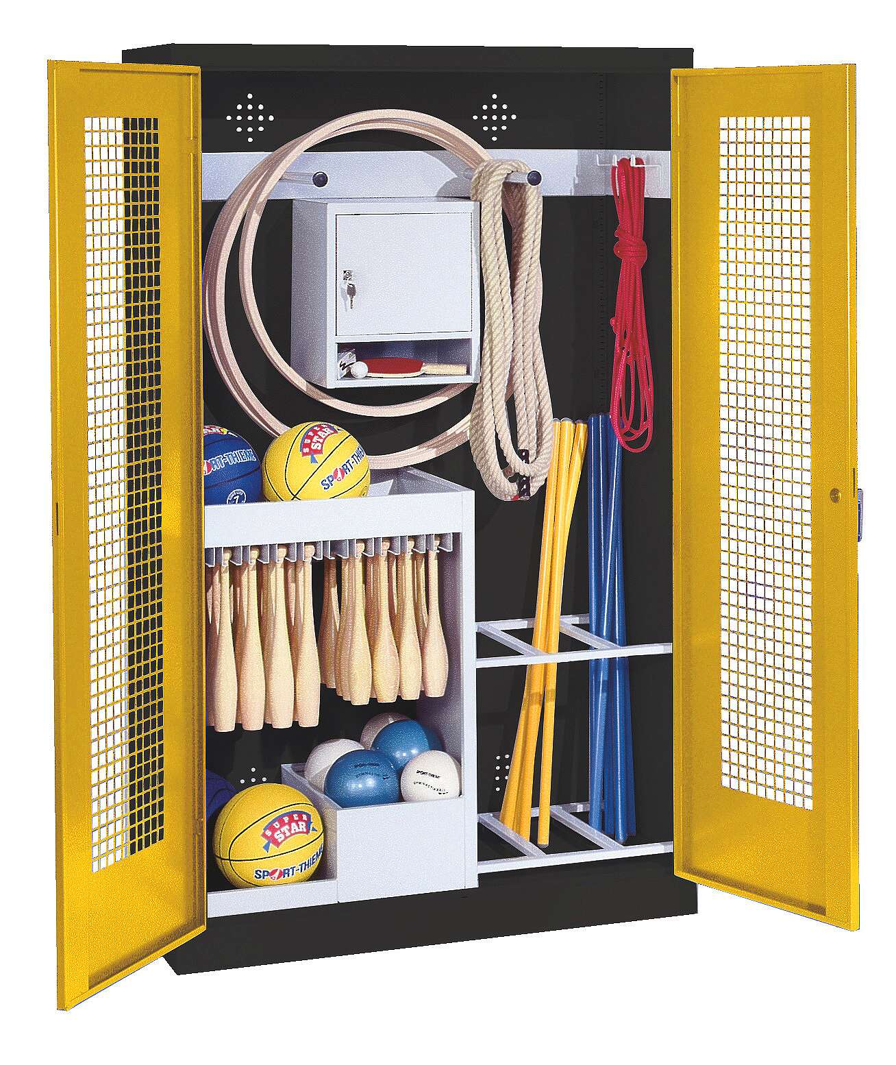 C+P Sportgeräteschrank mit Lochblech-Flügeltüren (Typ 1), HxBxT 195x120x50 cm, Ergo-Lock Muldengriff, Verkehrsgelb (RAL 1023), Anthrazit (RAL 7021), Gleichschließung