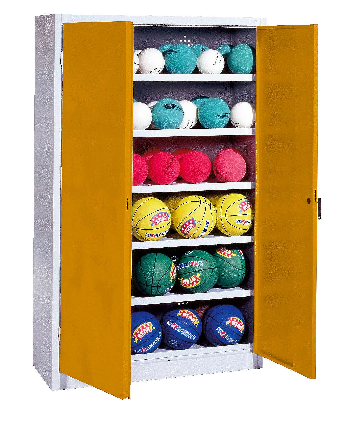 C+P Ballschrank mit Vollblech-Flügeltüren (Typ 3), HxBxT: 195x120x50 cm, Ergo-Lock Muldengriff, Goldgelb (RAL 1004), Lichtgrau (RAL 7035), Gleichschließung